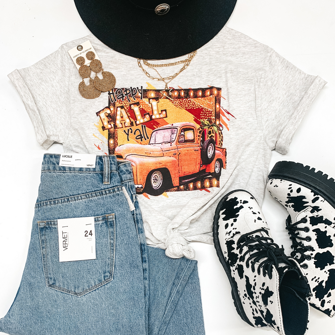 Happy Fall Y'all Vintage Short Sleeve Graphic Tee in Light Heather Grey - Giddy Up Glamour Boutique