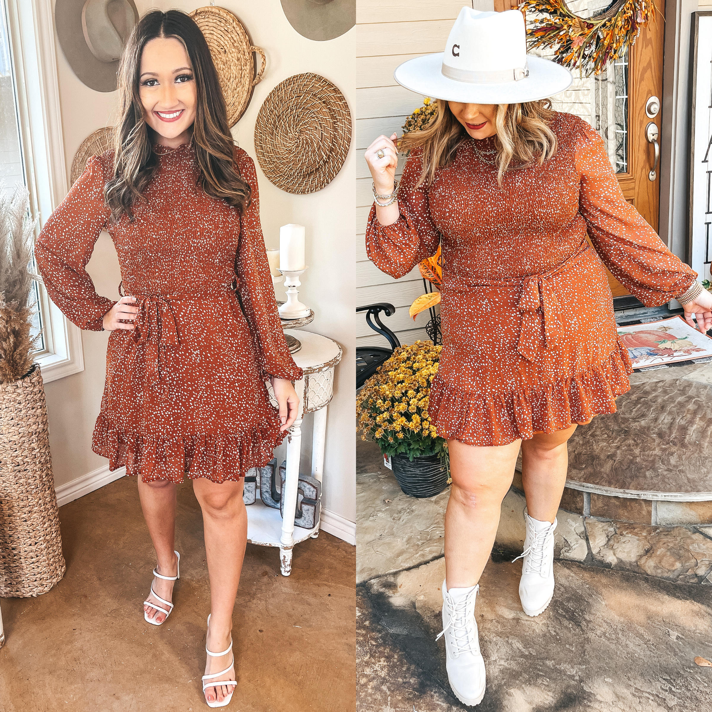 Magical Morning Small Leopard Smocked Bodice Dress in Rust - Giddy Up Glamour Boutique