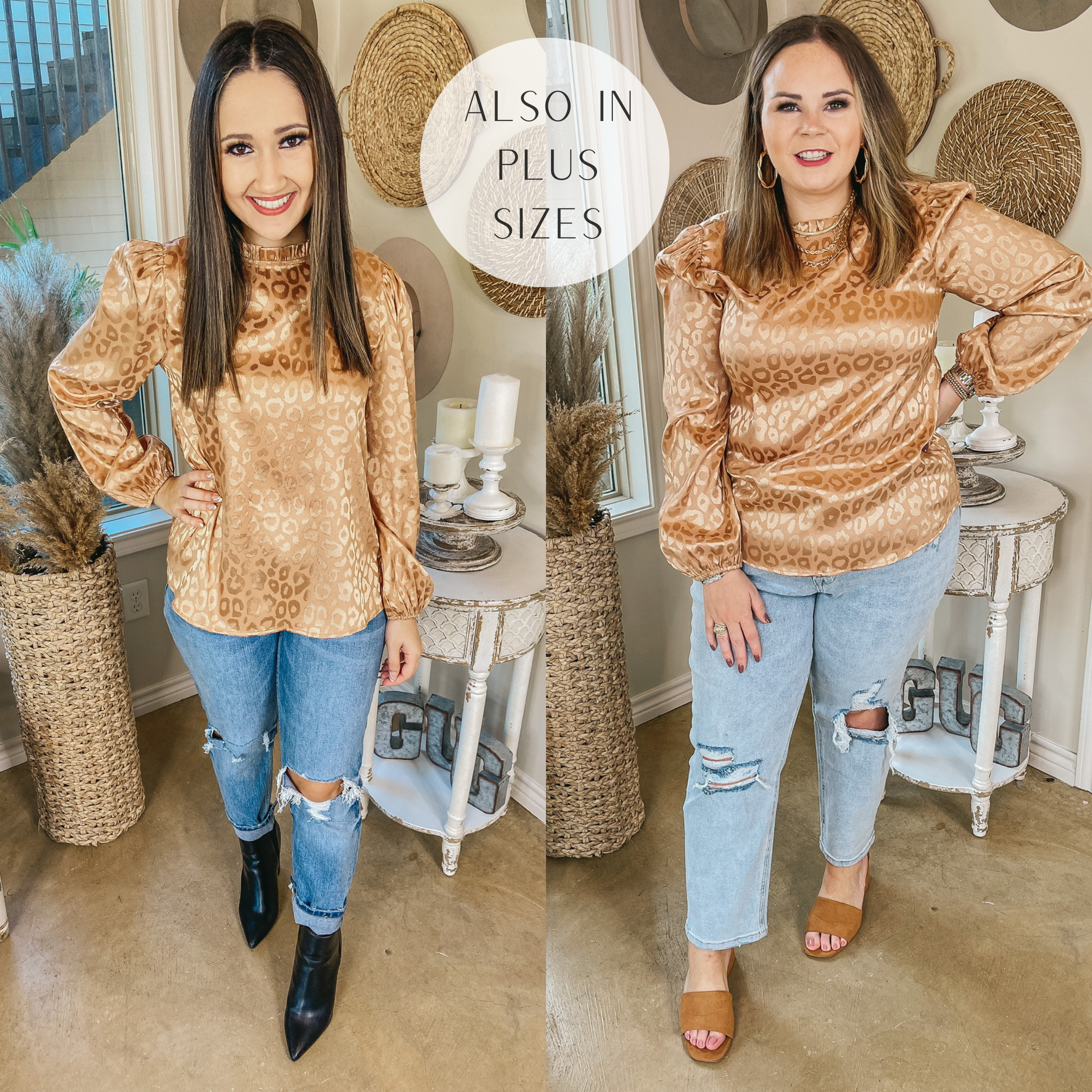 Styled in Shine Satin Leopard Print Long Sleeve Blouse in Copper - Giddy Up Glamour Boutique