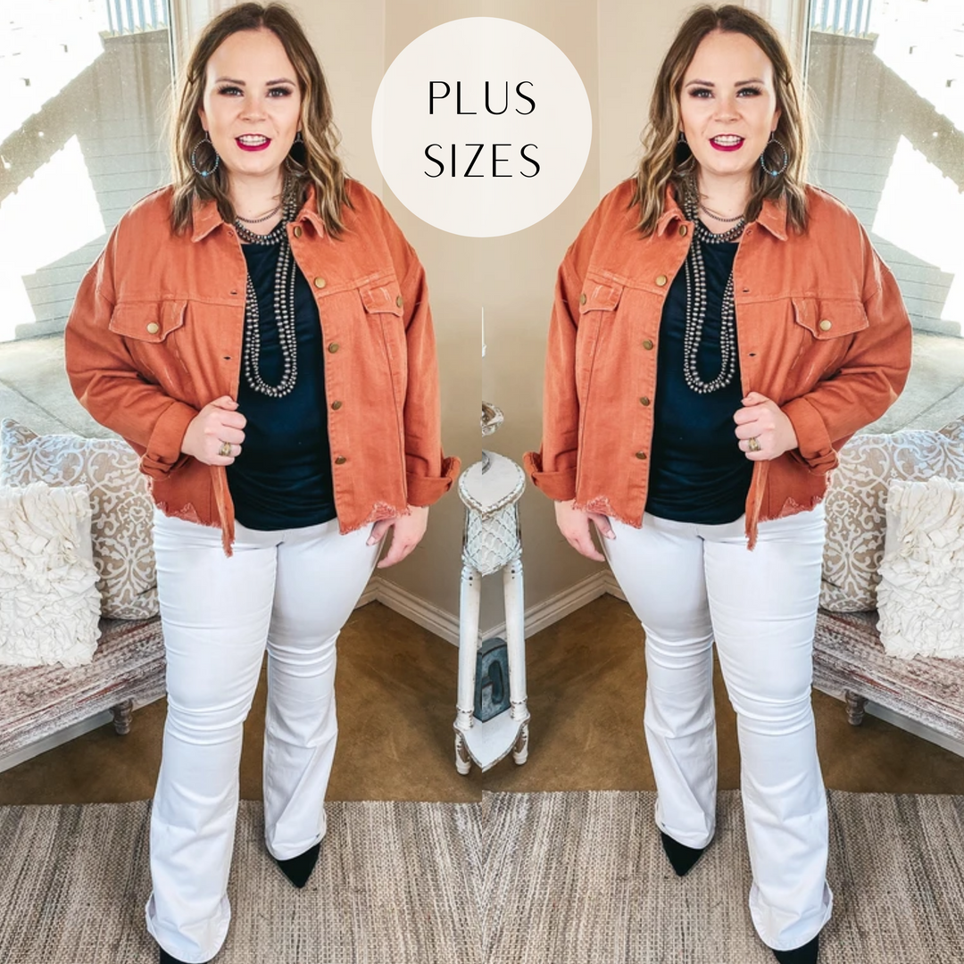 Plus Size | Admire Me Cropped Button Up Denim Jacket in Cinnamon - Giddy Up Glamour Boutique