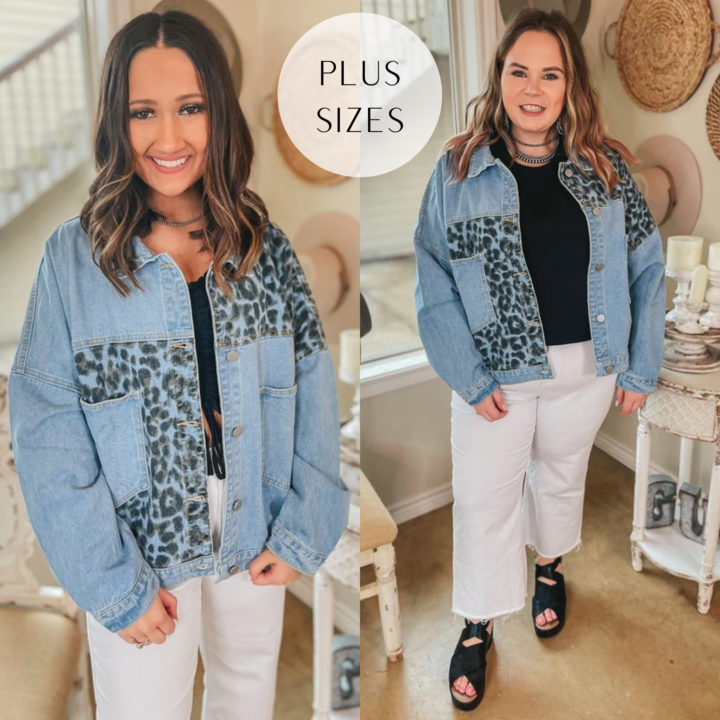 Plus Sizes | Downtown Dallas Large Pocket Leopard Mix Denim Jacket in Light Wash - Giddy Up Glamour Boutique
