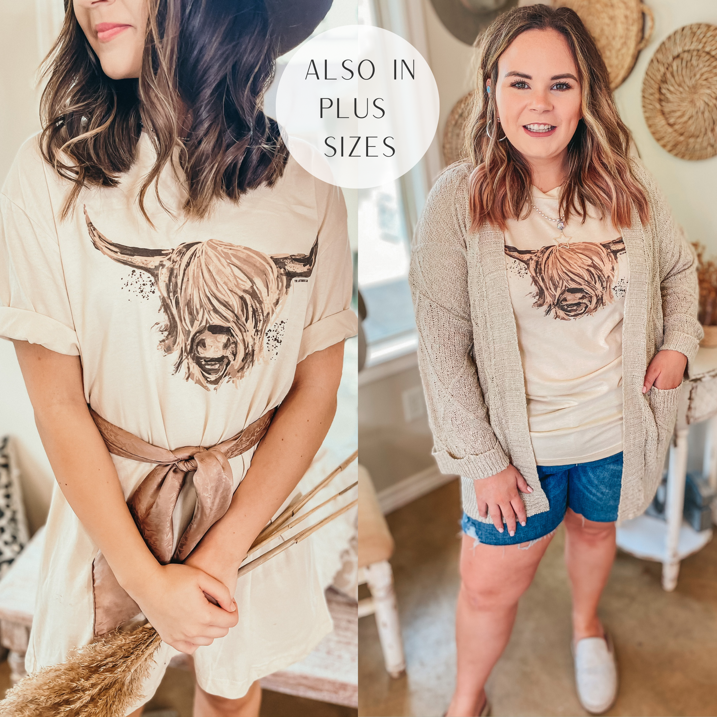 Model is wearing a tee with a highlander cow in the middle in cream. Model has this tee paired with shorts, silver jewelry,  and mules. 
