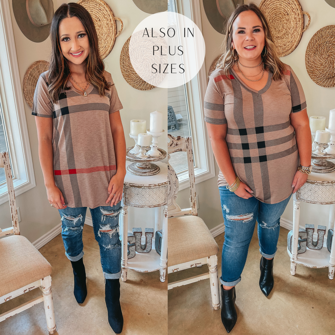 Keep Things Simple Plaid V Neck Tee in Taupe - Giddy Up Glamour Boutique