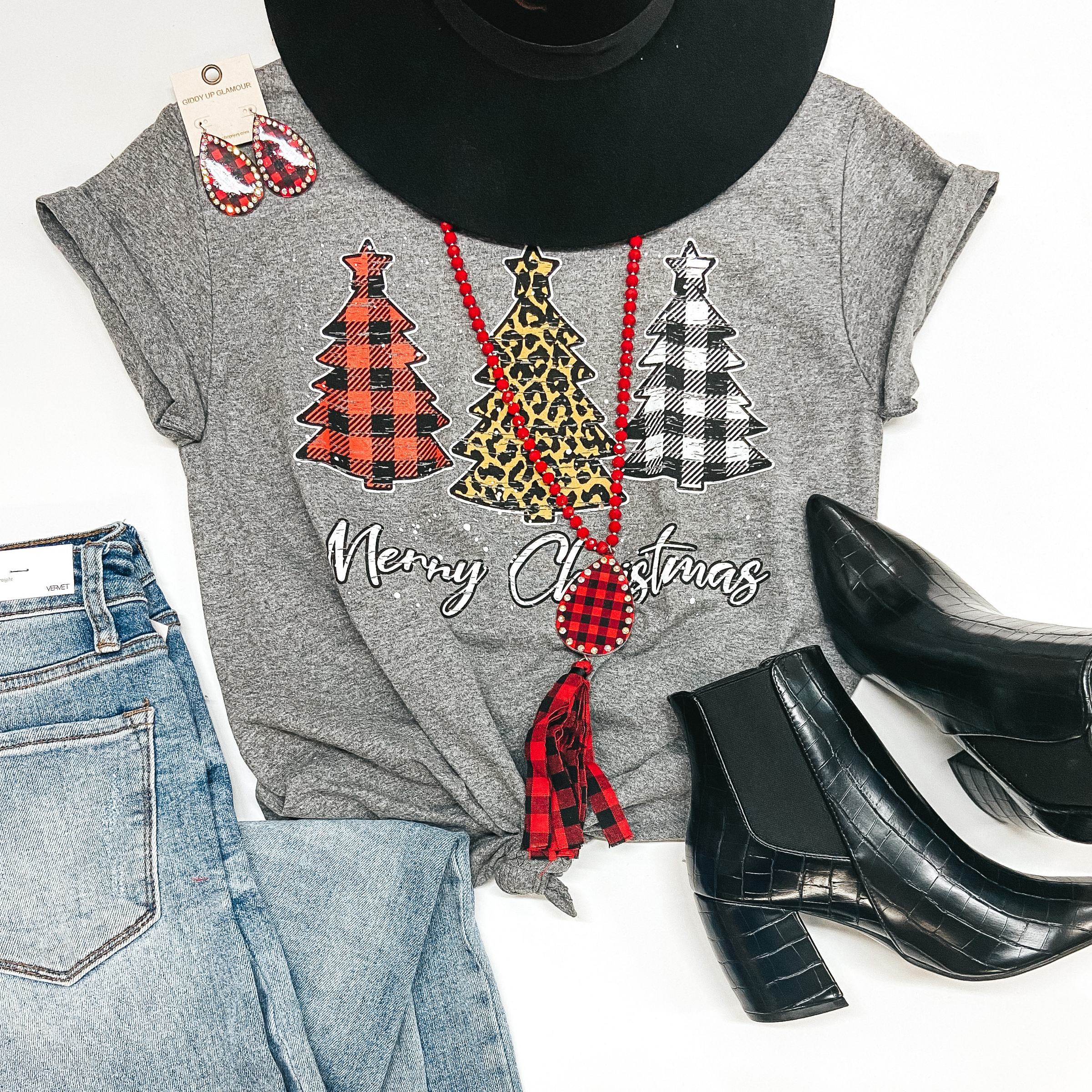 Youth | Oh Christmas Tree Short Sleeve Graphic Tee in Heather Grey - Giddy Up Glamour Boutique