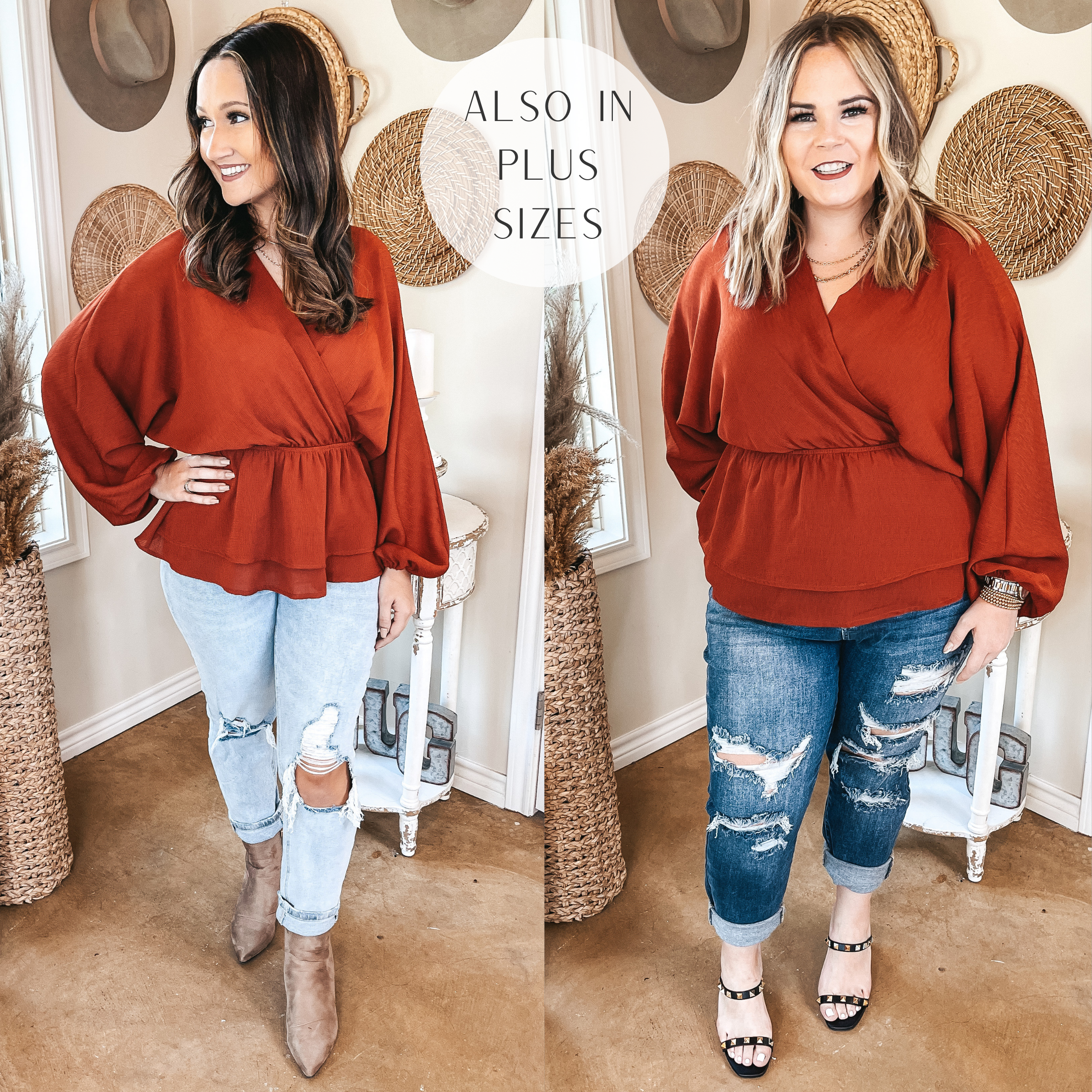 Move to the Music Long Sleeve Deep V Peplum Top in Rust Red - Giddy Up Glamour Boutique