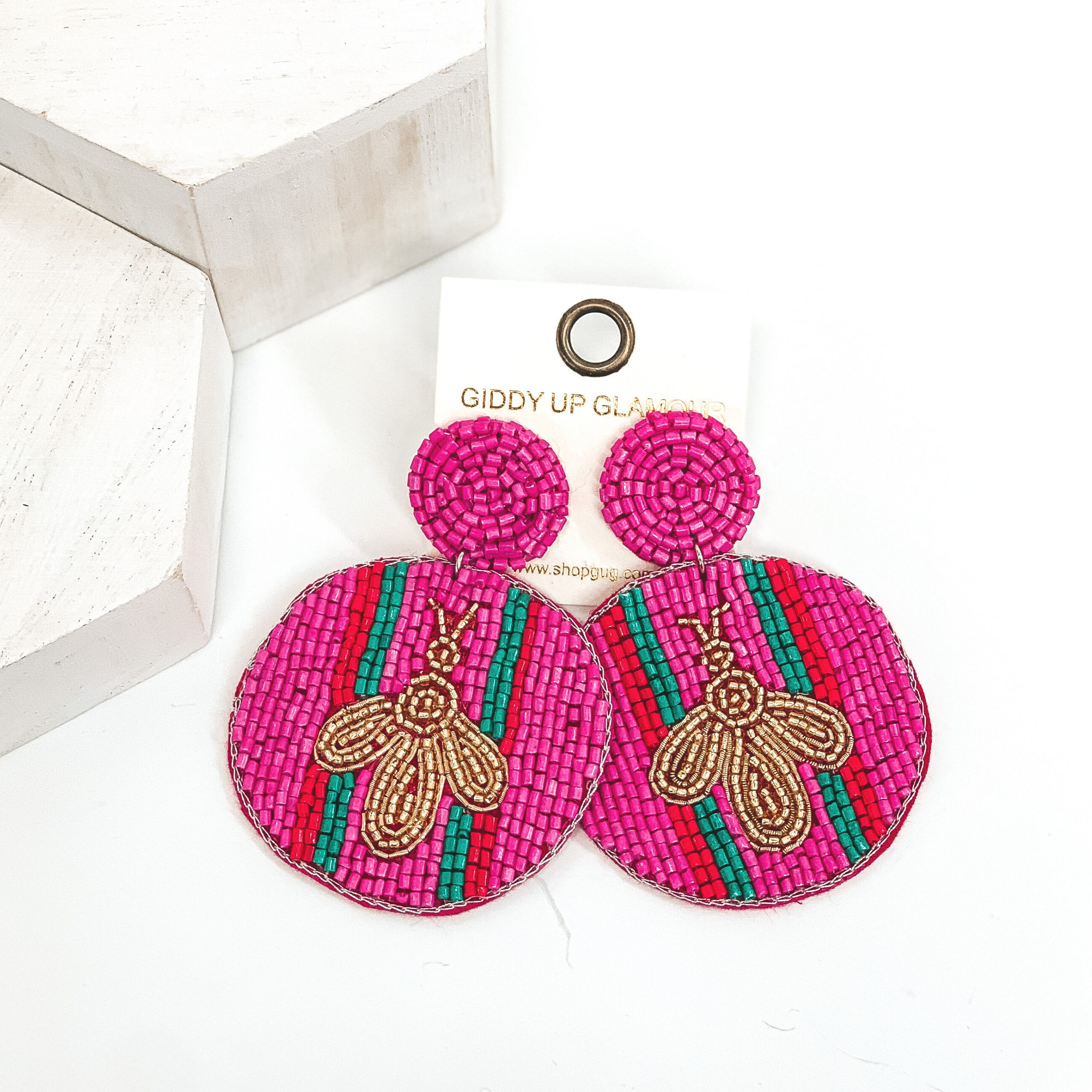 Bee Happy Circle Drop Beaded Earrings in Fuchsia - Giddy Up Glamour Boutique