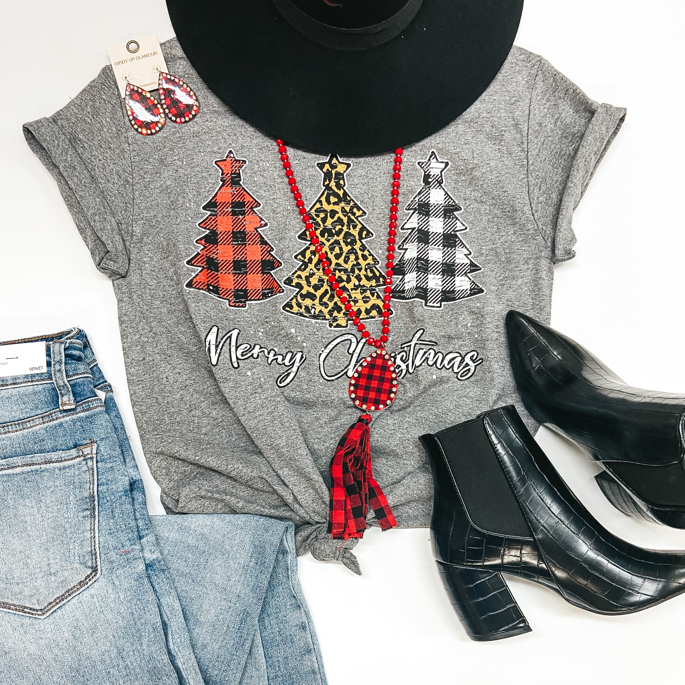Oh Christmas Tree Short Sleeve Graphic Tee in Heather Grey - Giddy Up Glamour Boutique