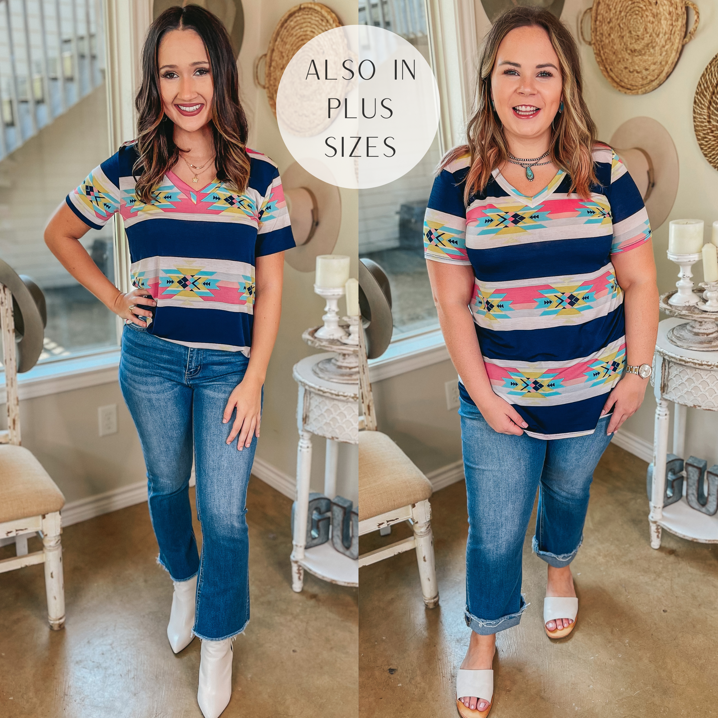 Last Chance Size Small & Med. | Keep Things Simple Horizontal Striped Aztec Print V Neck Tee in Navy - Giddy Up Glamour Boutique