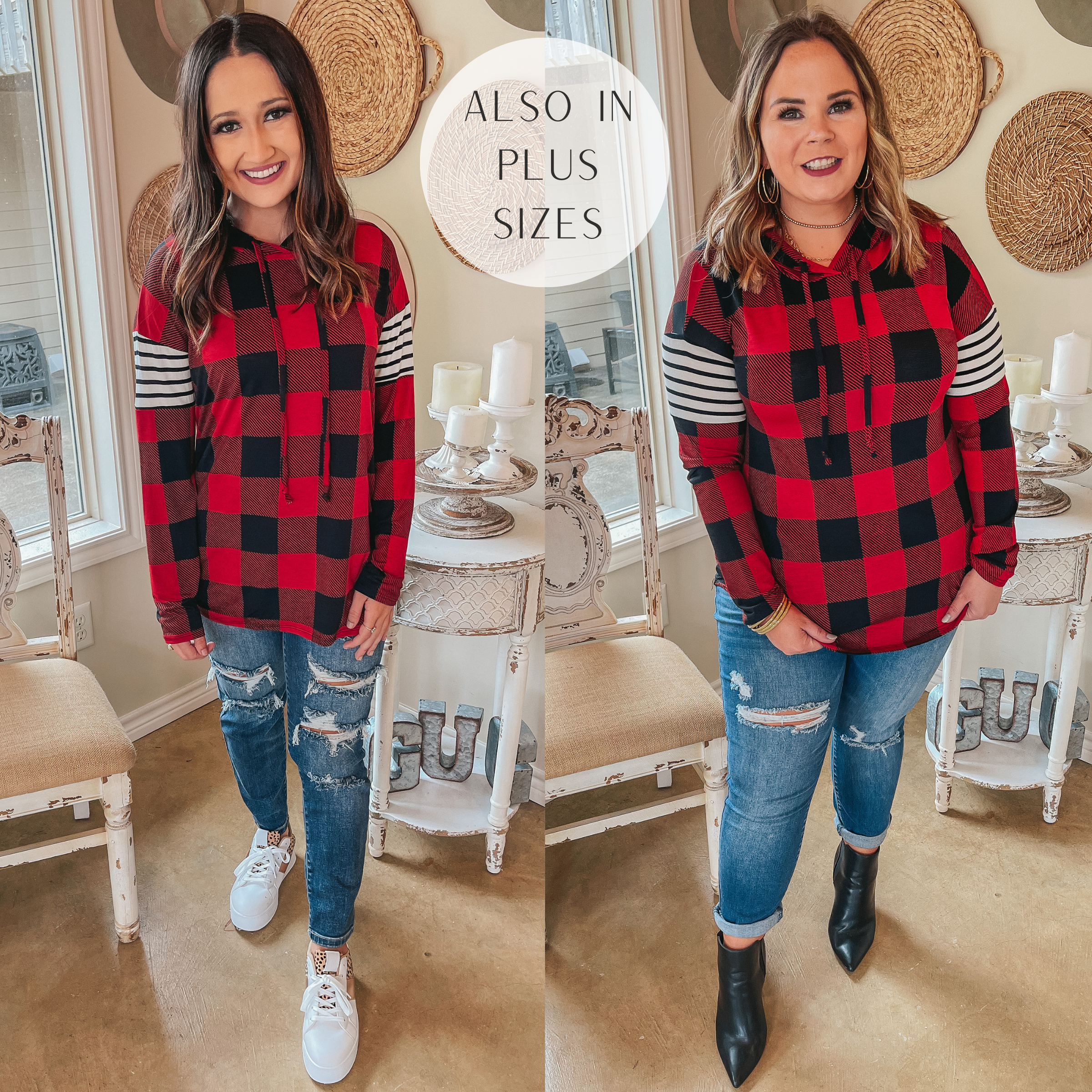 Mutual Attraction Striped Arm Pullover Hoodie in Red Buffalo Plaid - Giddy Up Glamour Boutique