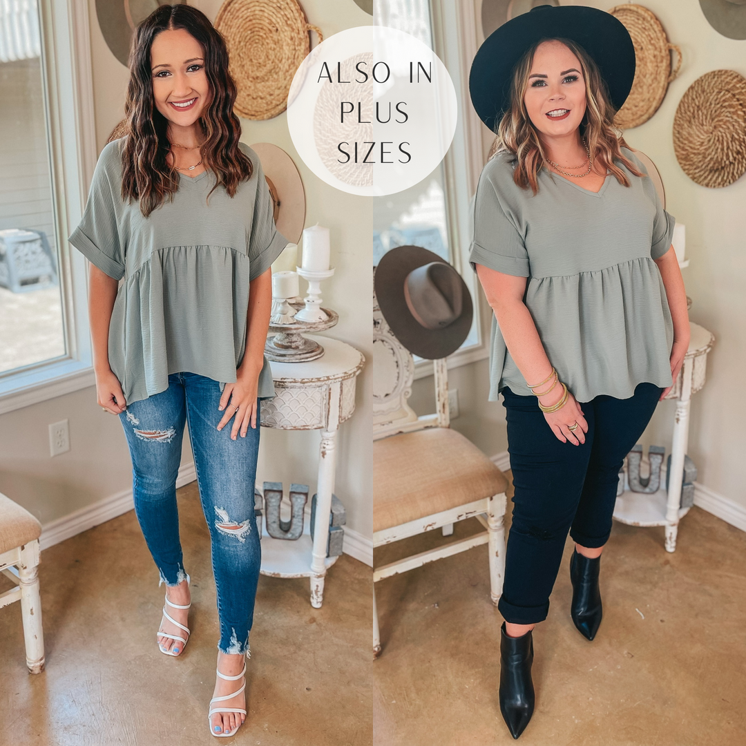 Touring the City Short Sleeve V Neck Babydoll Top in Sage Green - Giddy Up Glamour Boutique