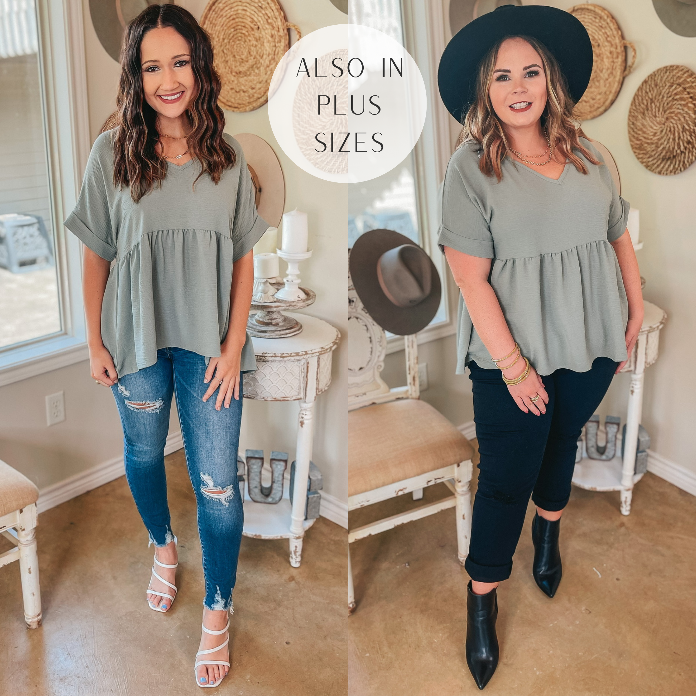 Touring the City Short Sleeve V Neck Babydoll Top in Sage Green - Giddy Up Glamour Boutique