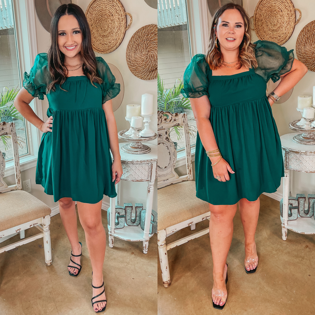 Seasonal Spice Puff Sleeve Babydoll Dress in Emerald Green - Giddy Up Glamour Boutique