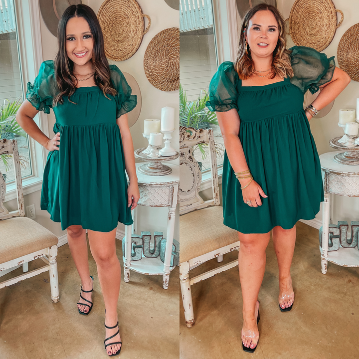 Seasonal Spice Puff Sleeve Babydoll Dress in Emerald Green - Giddy Up Glamour Boutique