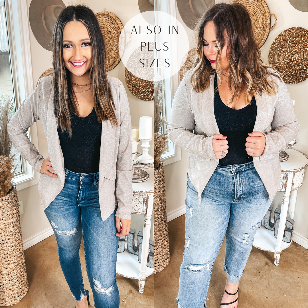 Chic Influencer Long Sleeve Open Front Sparkle Blazer in Champagne - Giddy Up Glamour Boutique
