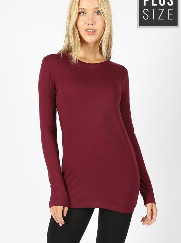 PLUS COTTON CREW NECK  LONG SLEEVE T-SHIRT in WINE - Giddy Up Glamour Boutique