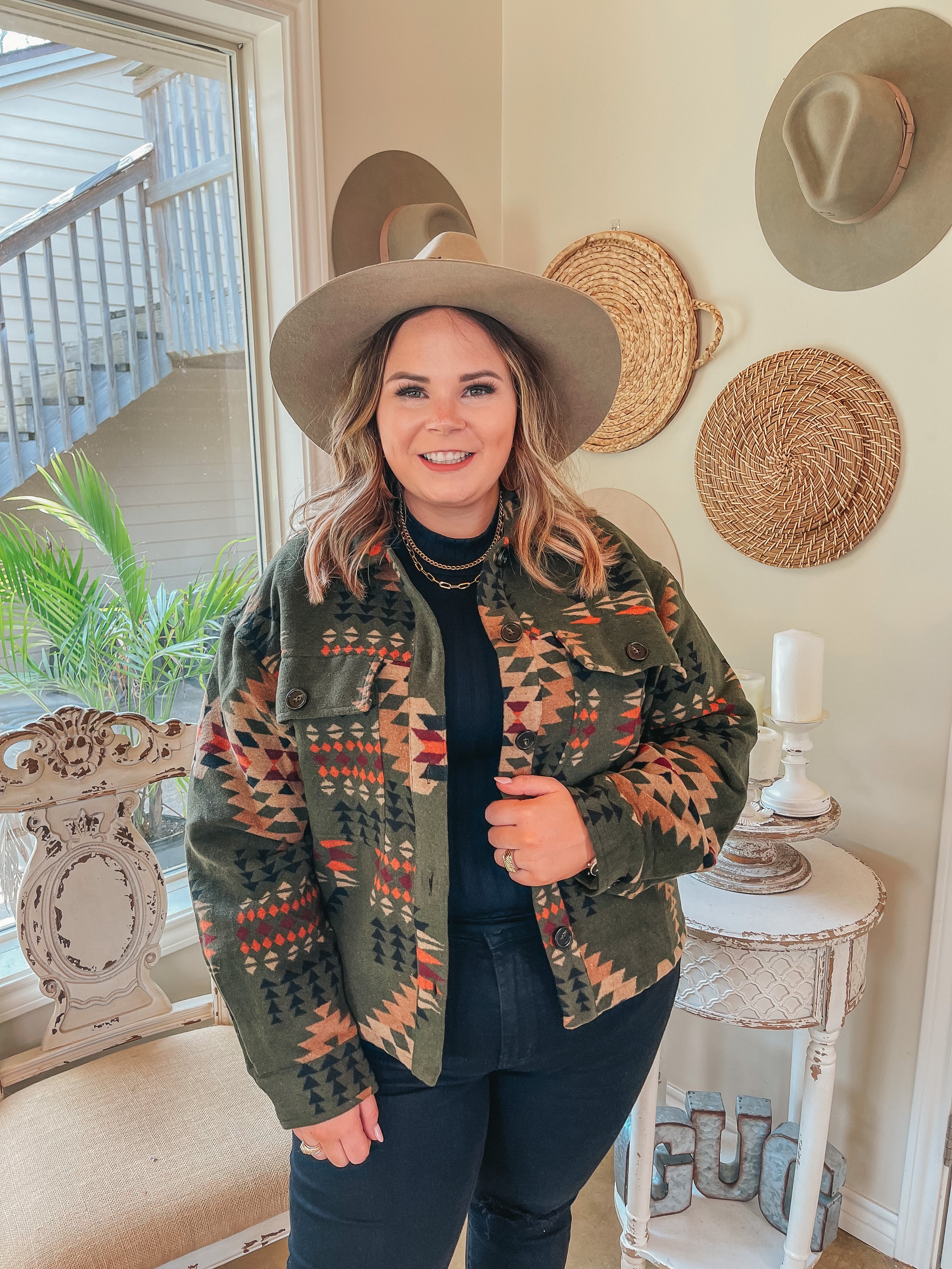 S'mores Weather Aztec Print Button Up Jacket in Olive Green - Giddy Up Glamour Boutique