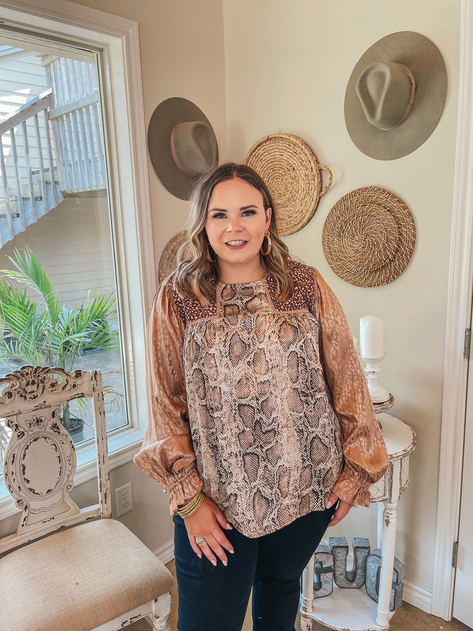 Macchiato Morning Mixed Print Long Sleeve Blouse in Copper - Giddy Up Glamour Boutique