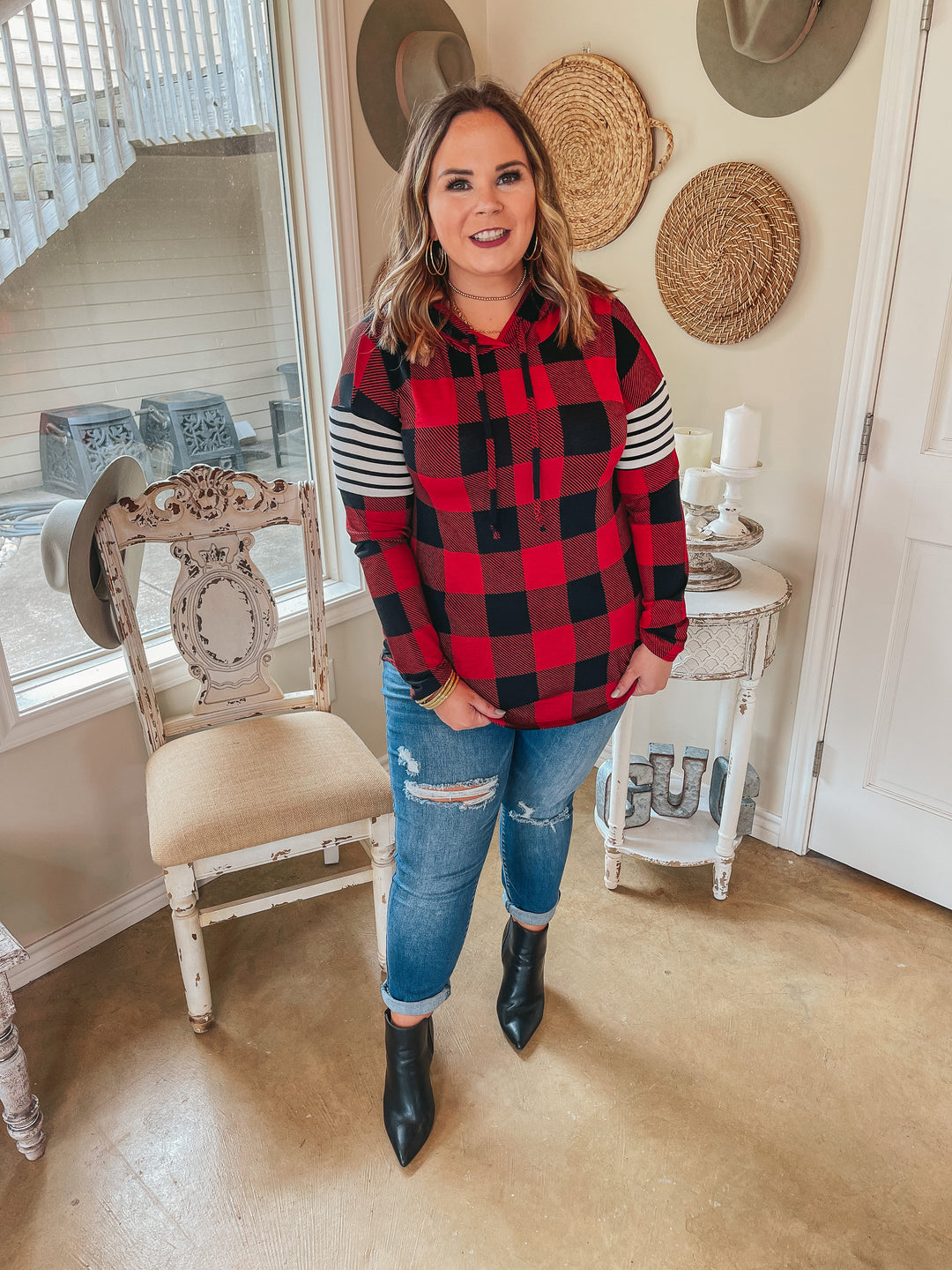 Mutual Attraction Striped Arm Pullover Hoodie in Red Buffalo Plaid - Giddy Up Glamour Boutique