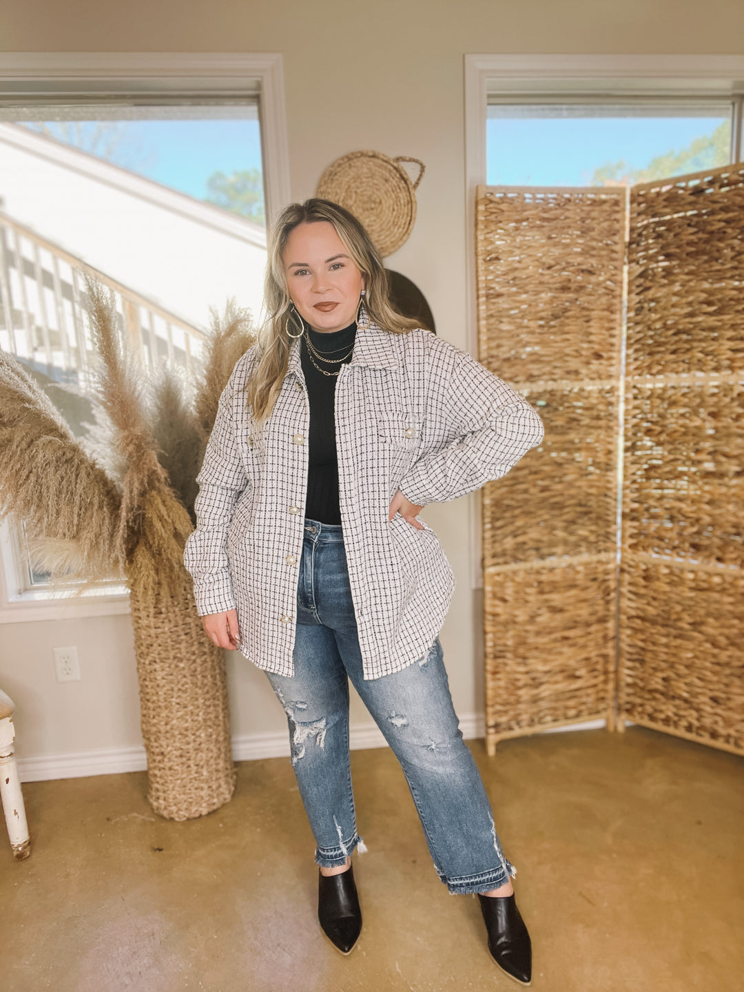 Brooklyn Buzz Pearl Button Up Tweed Shacket in White - Giddy Up Glamour Boutique