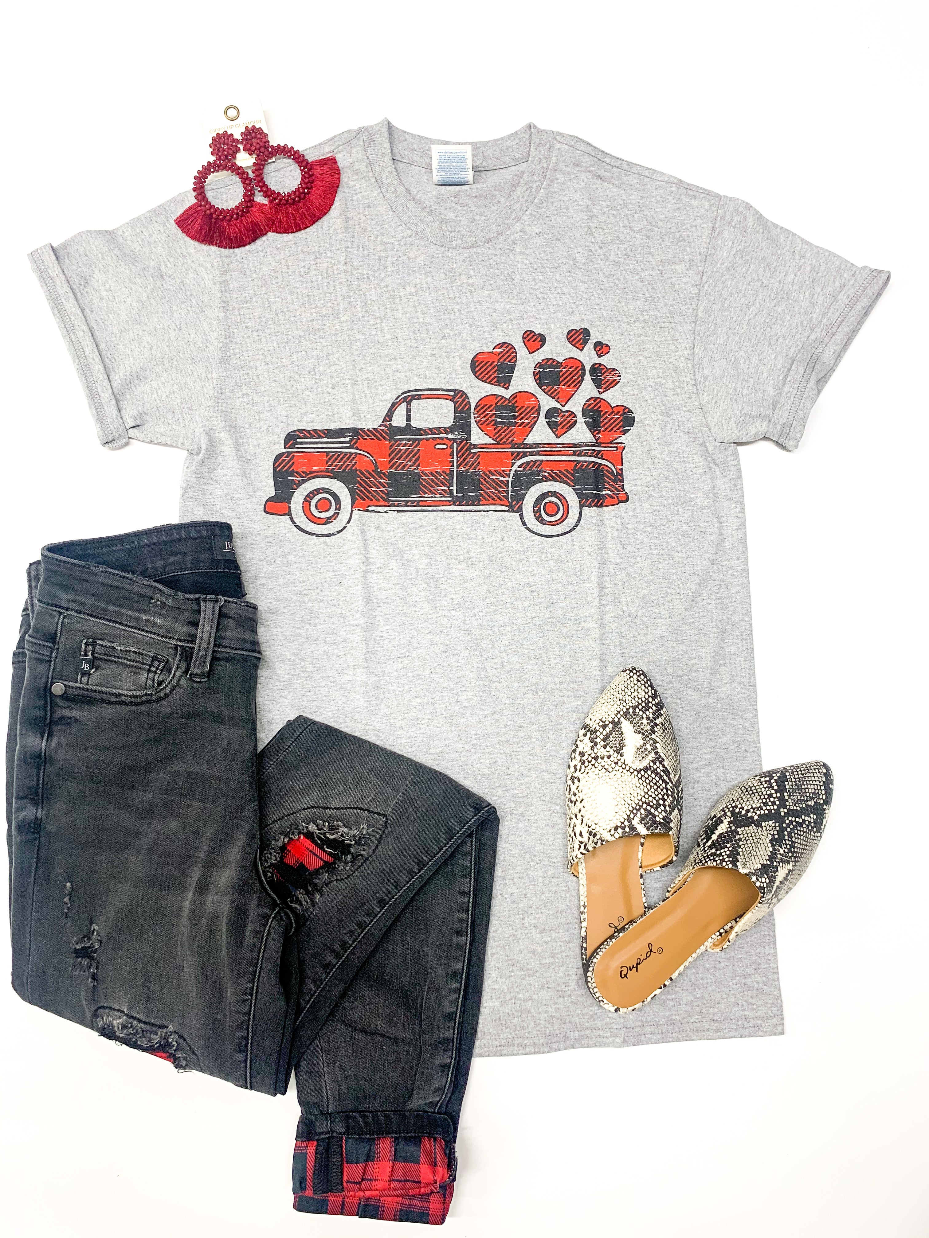 Take My Love For A Ride Buffalo Plaid Pickup Truck with Hearts Graphic Tee in Grey - Giddy Up Glamour Boutique