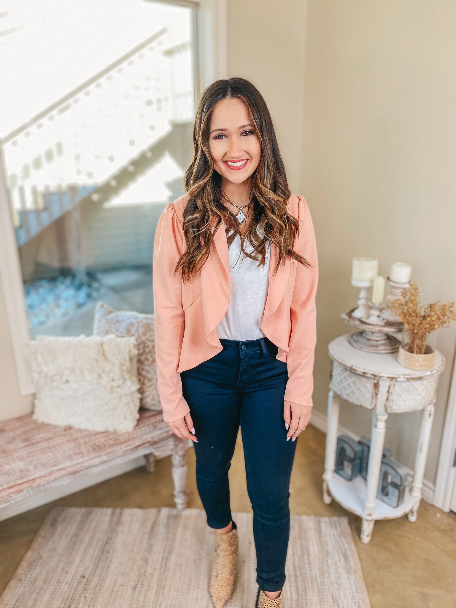 Coffee Please Open Front Long Sleeve Peplum Blazer in Peach Pink - Giddy Up Glamour Boutique