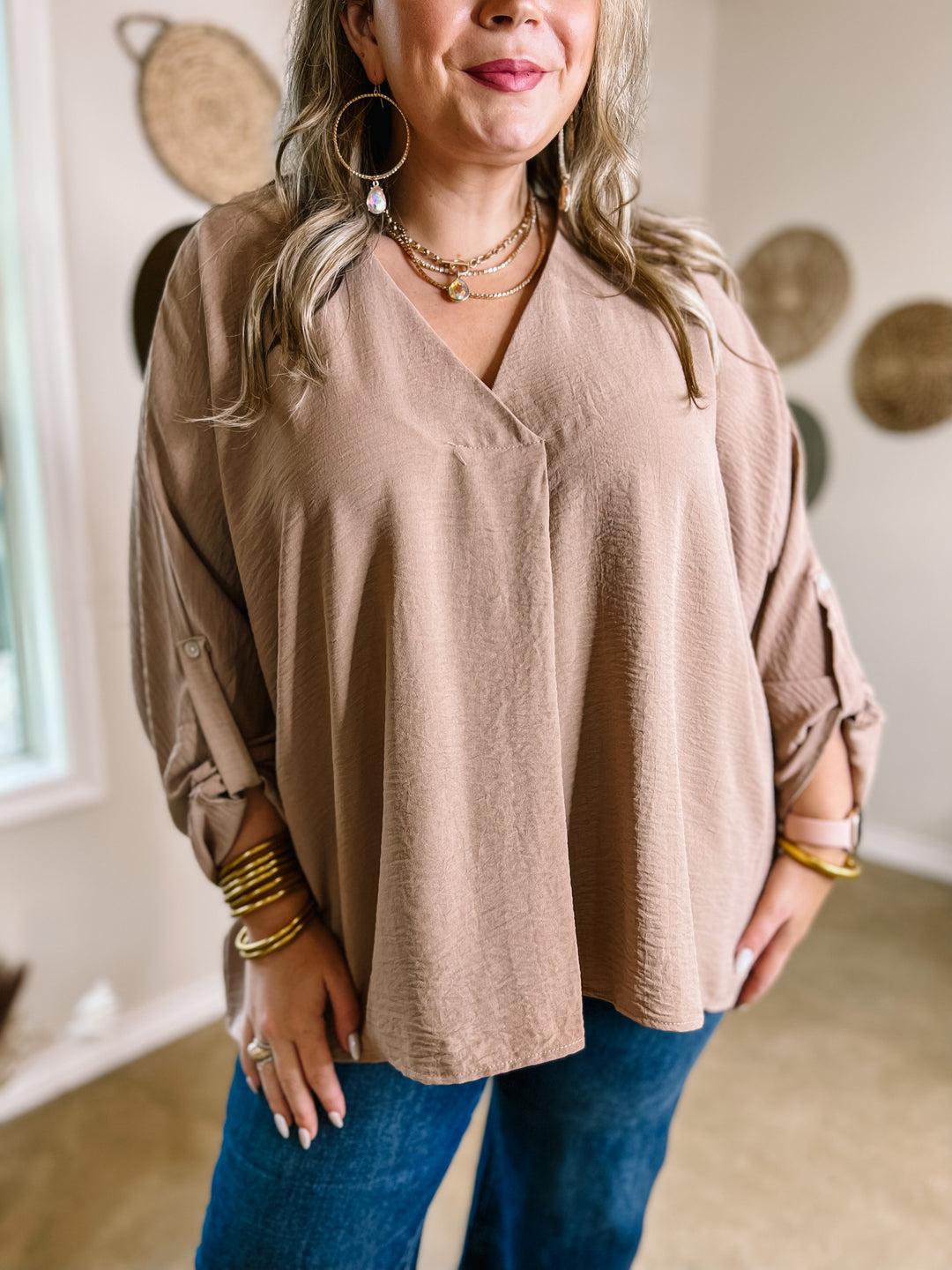 Weekend Out V Neck Placket 3/4 Sleeve Top in Taupe - Giddy Up Glamour Boutique