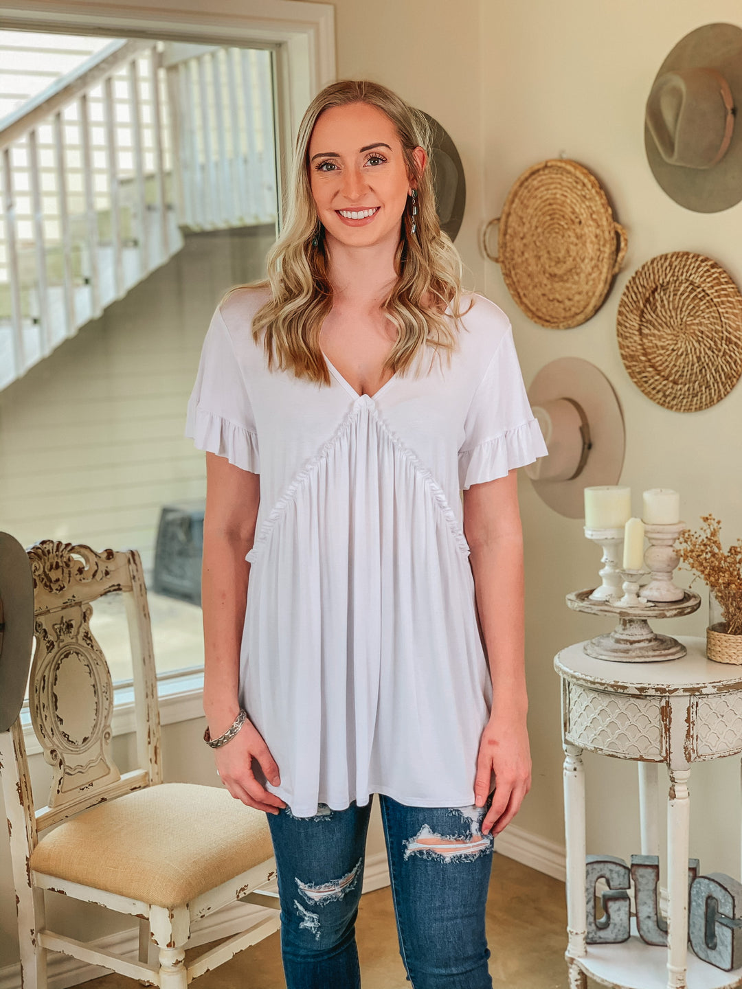 Upon Request Ruffle Detailed Short Sleeve Babydoll Top in White - Giddy Up Glamour Boutique