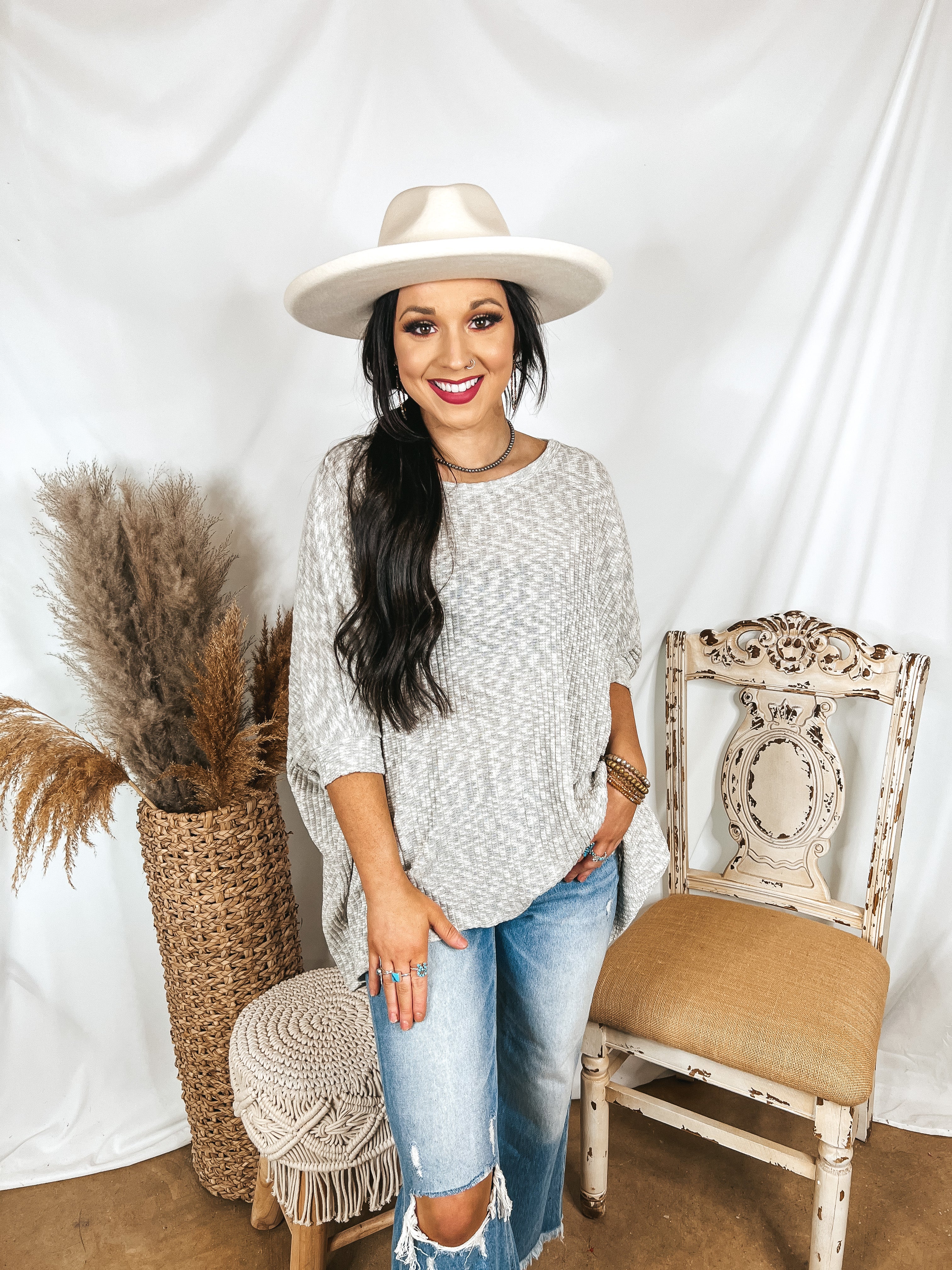 Corner Cafe Ribbed Poncho Top in Grey - Giddy Up Glamour Boutique