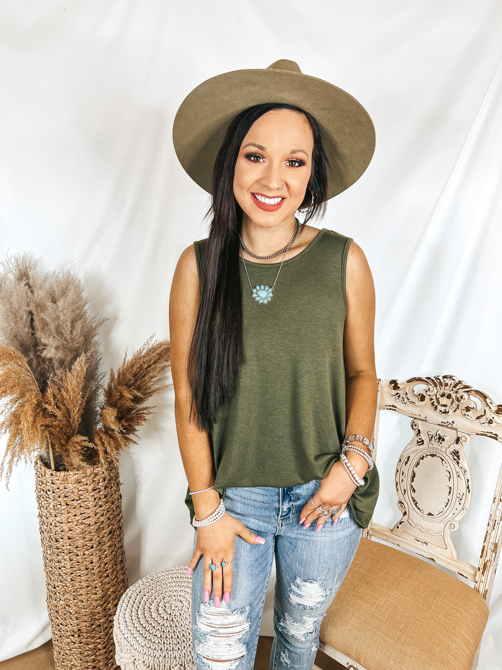 Give Me Joy Solid Knit A-Line Tank Top in Olive Green - Giddy Up Glamour Boutique