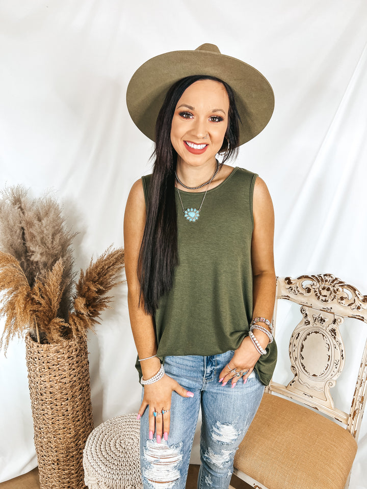 Give Me Joy Solid Knit A-Line Tank Top in Olive Green - Giddy Up Glamour Boutique