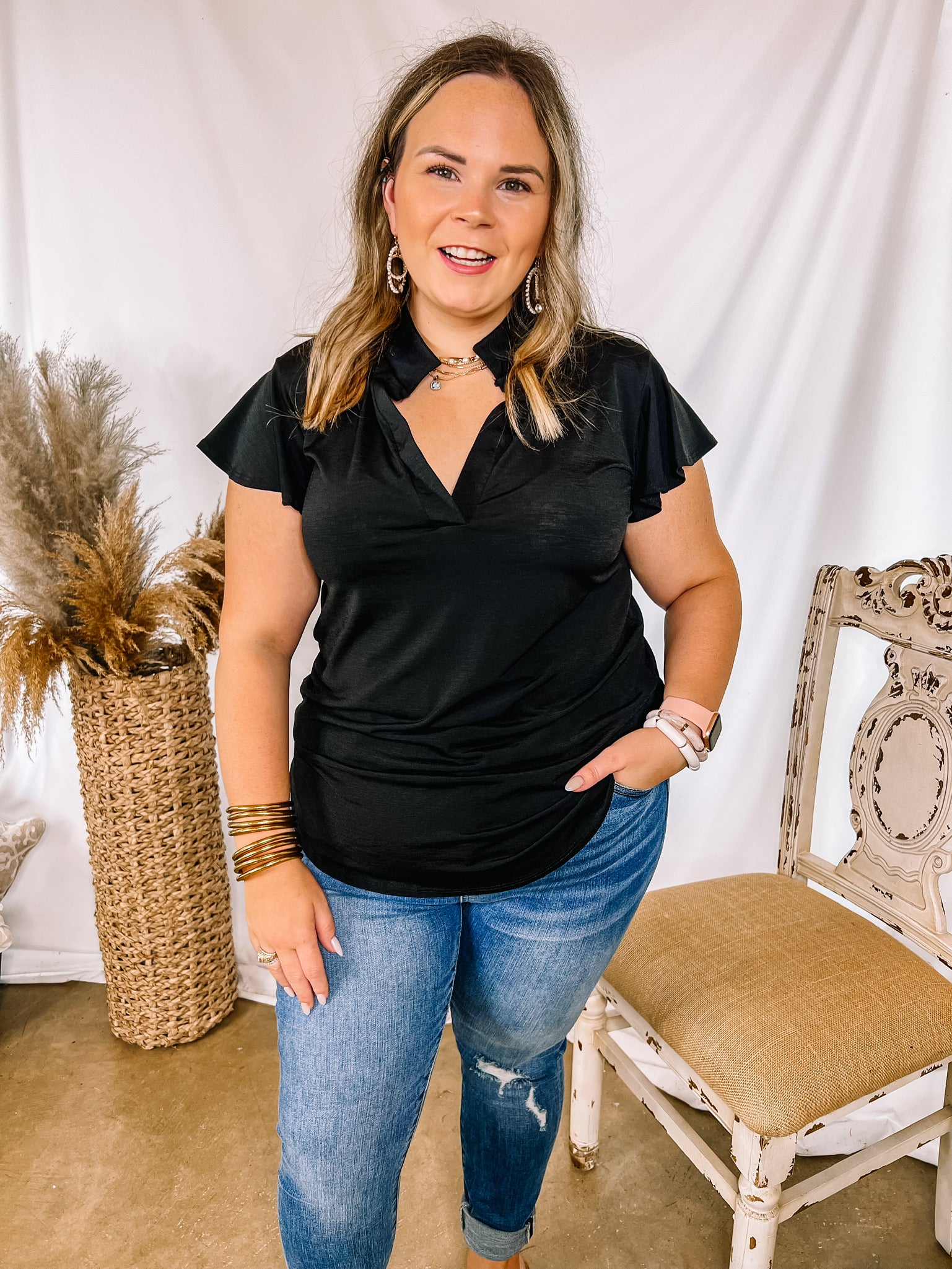 Every Effort Ruffle Short Sleeve Top with Notched Neckline in Black - Giddy Up Glamour Boutique