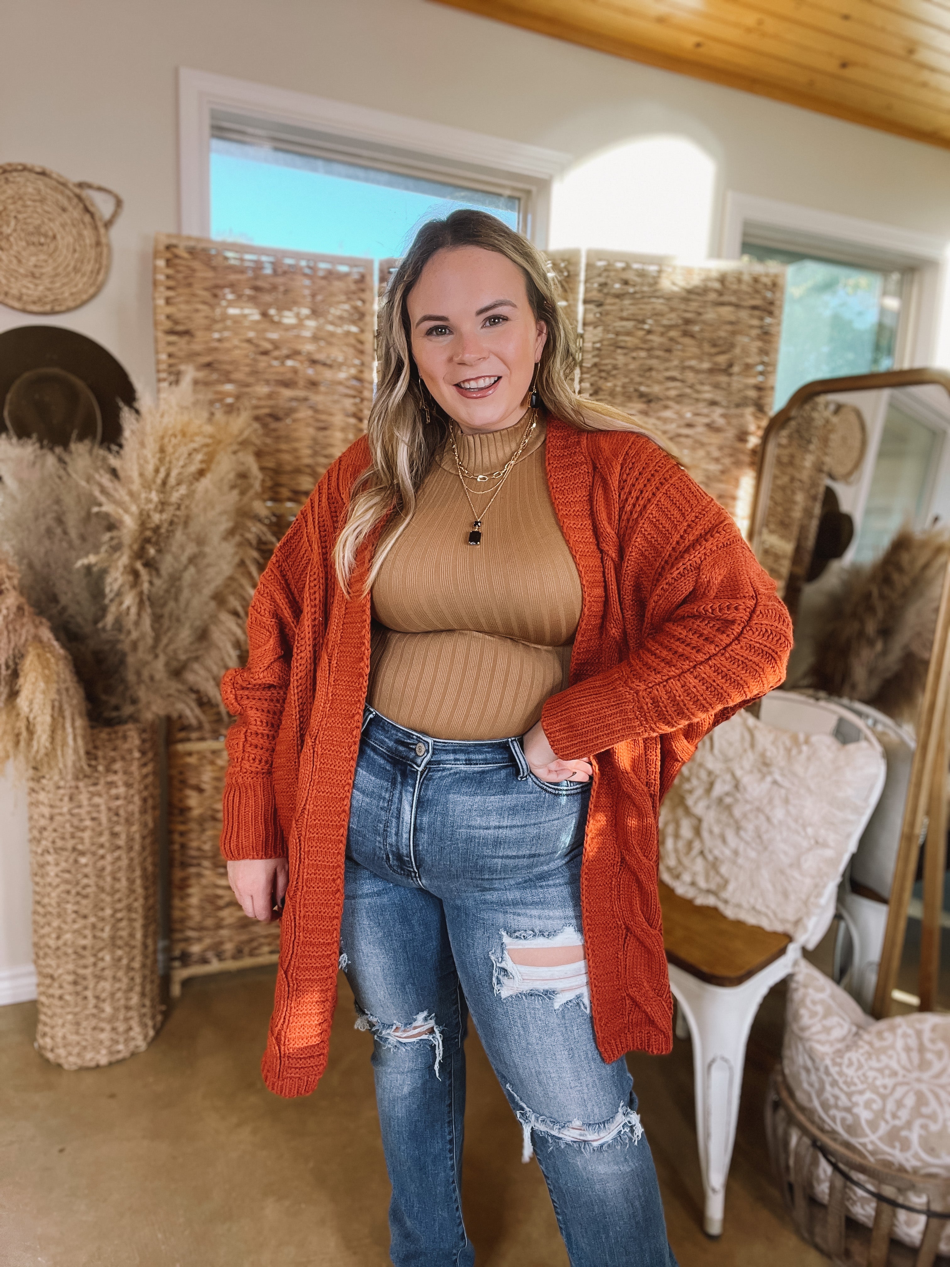 Caramel Spice Kisses Long Sleeve Dolman Cardigan in Rust - Giddy Up Glamour Boutique