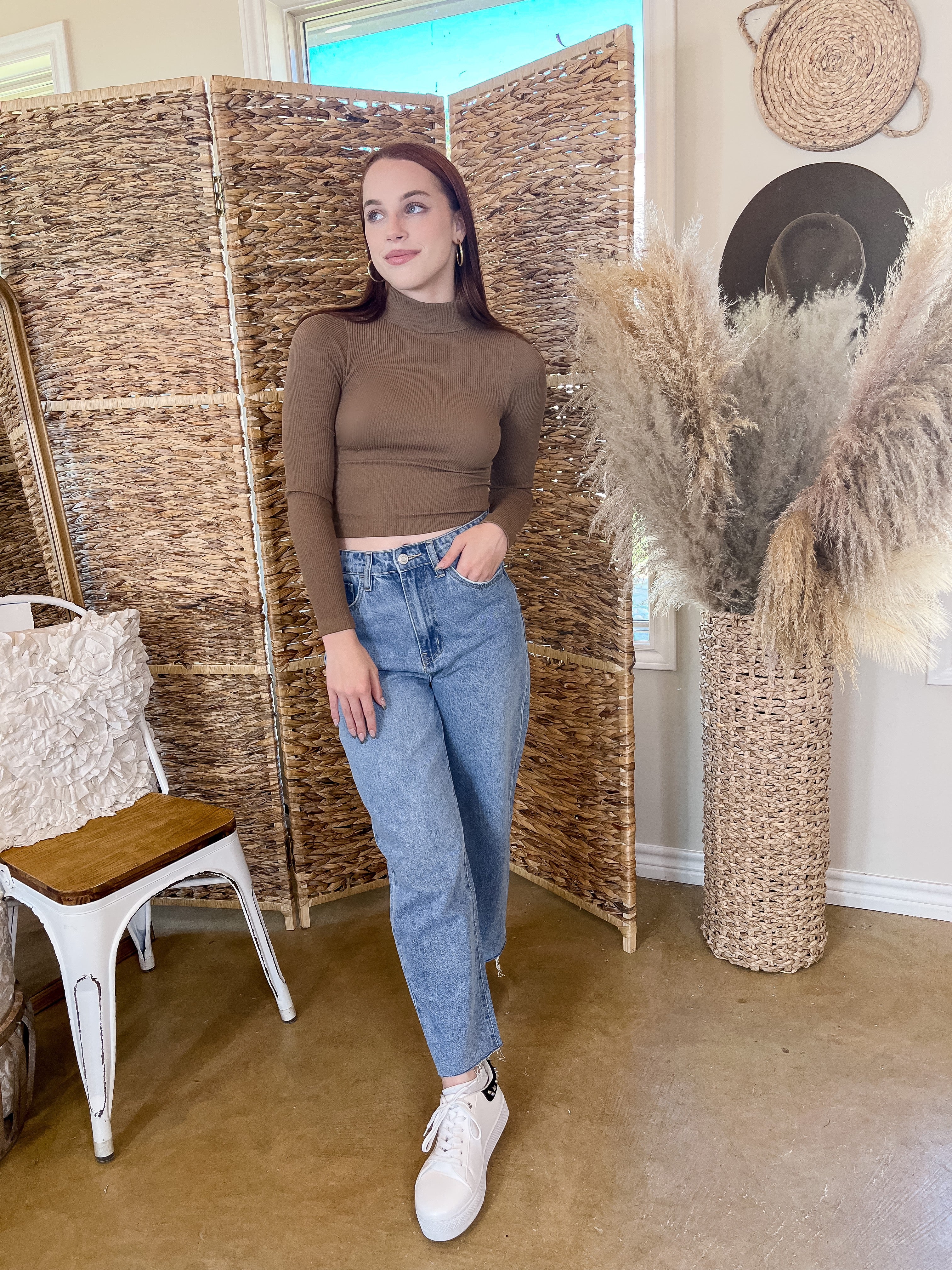 Up At Dawn Ribbed Mock Neck Long Sleeve Crop Top in Brown - Giddy Up Glamour Boutique