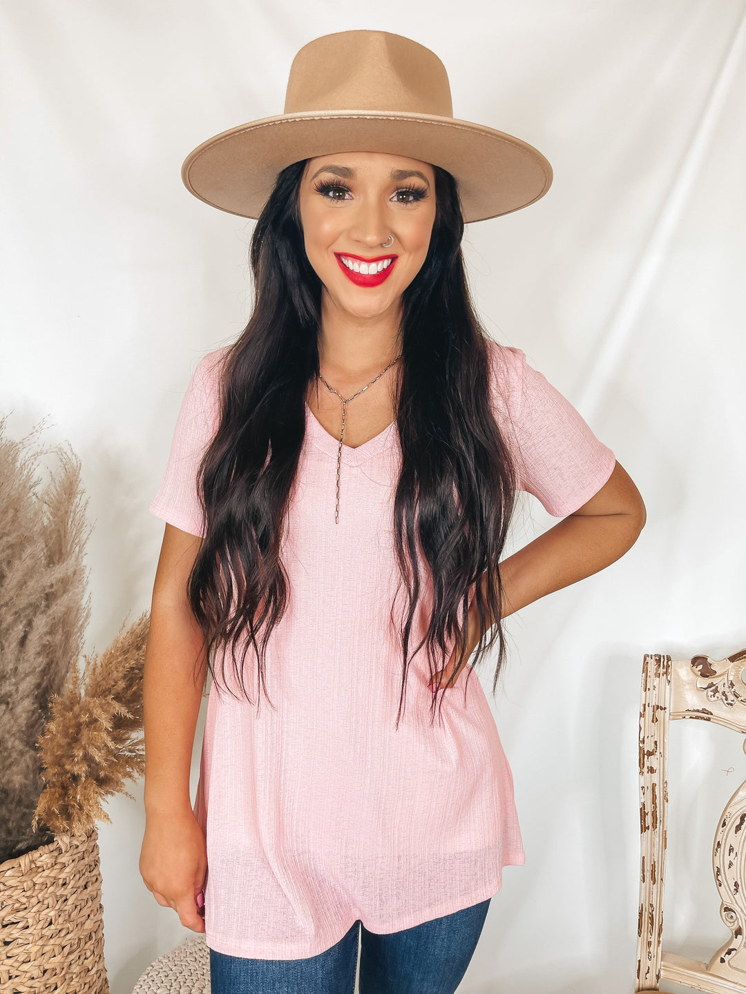 Looking For You Short Sleeve V Neck Top in Light Pink - Giddy Up Glamour Boutique