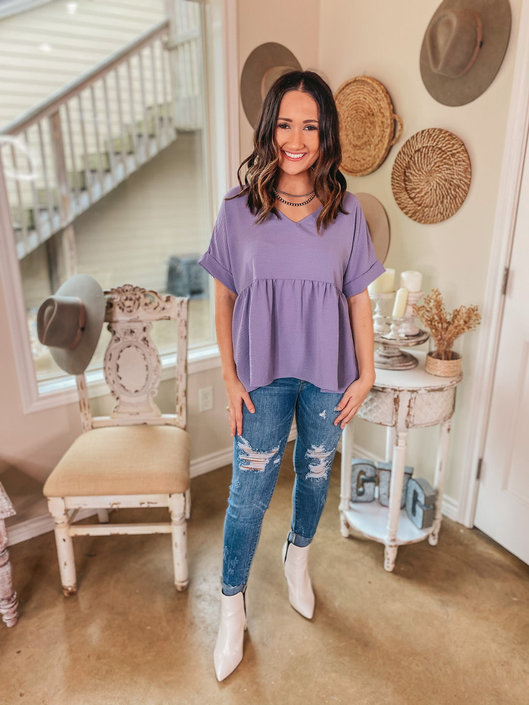 Touring the City Short Sleeve V Neck Babydoll Top in Dusty Lilac - Giddy Up Glamour Boutique