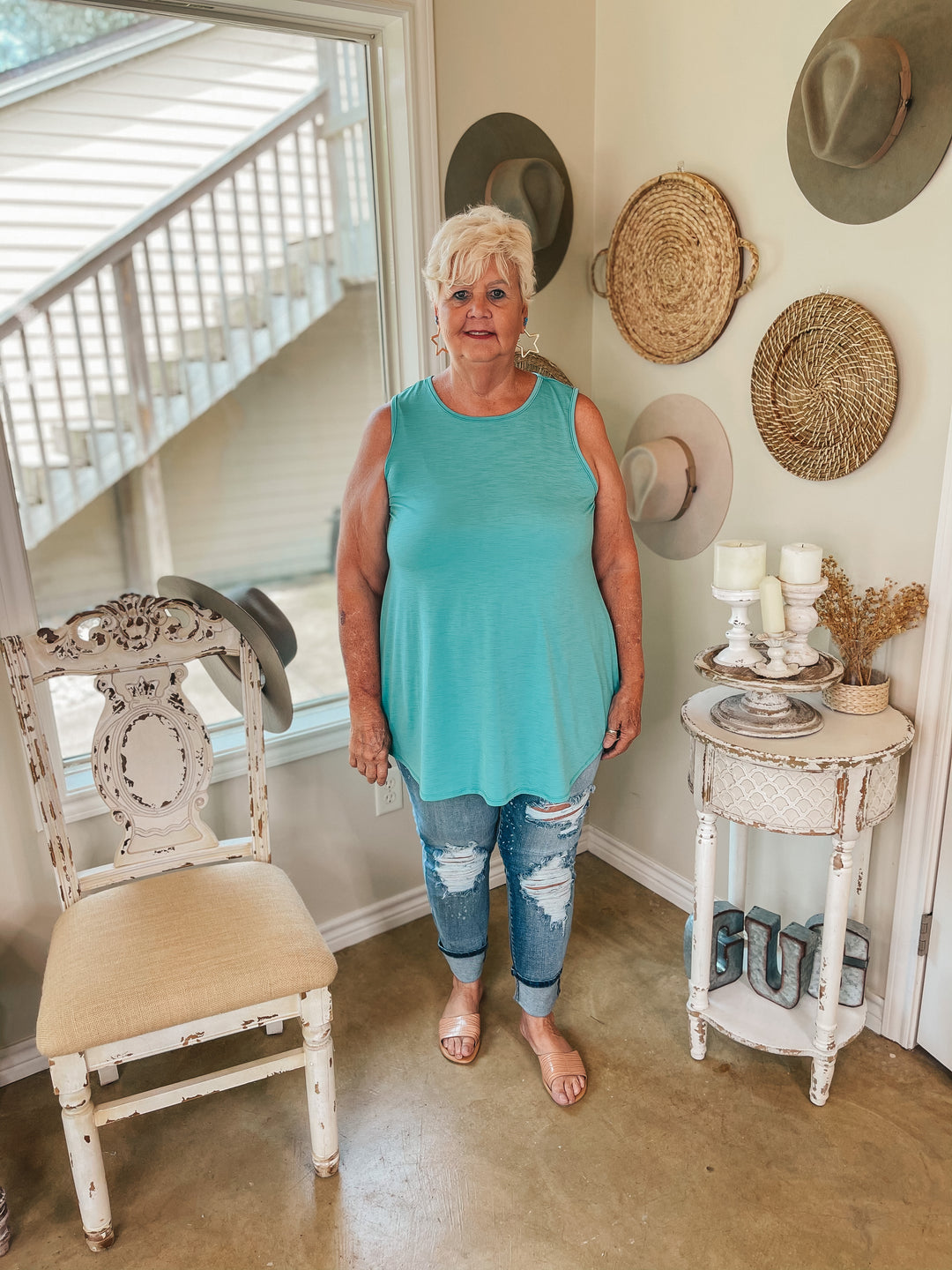 Give Me Joy Solid Bulgari A-Line Tank Top in Turquoise - Giddy Up Glamour Boutique