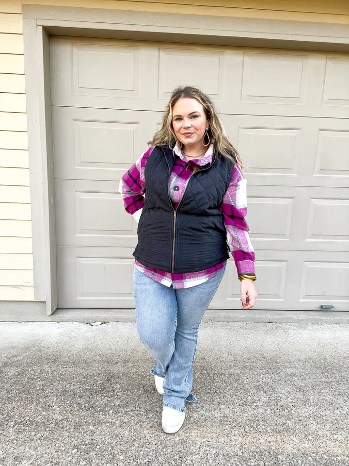 Headed To Denver Zip Up Quilted Vest in Black - Giddy Up Glamour Boutique