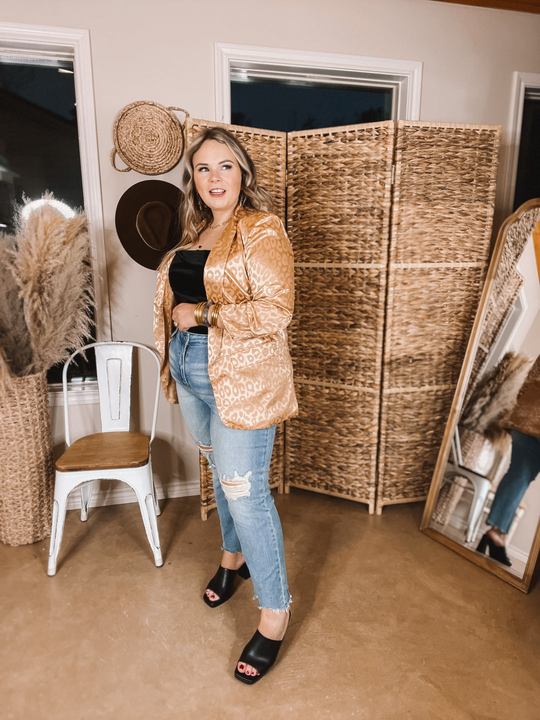 Lasting Impression Leopard Print Blazer with Ruched 3/4 Sleeves in Copper - Giddy Up Glamour Boutique