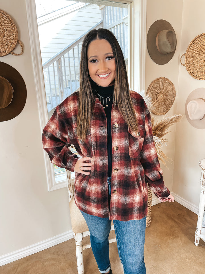 Original Idea Plaid Button Up Shacket in Maroon - Giddy Up Glamour Boutique