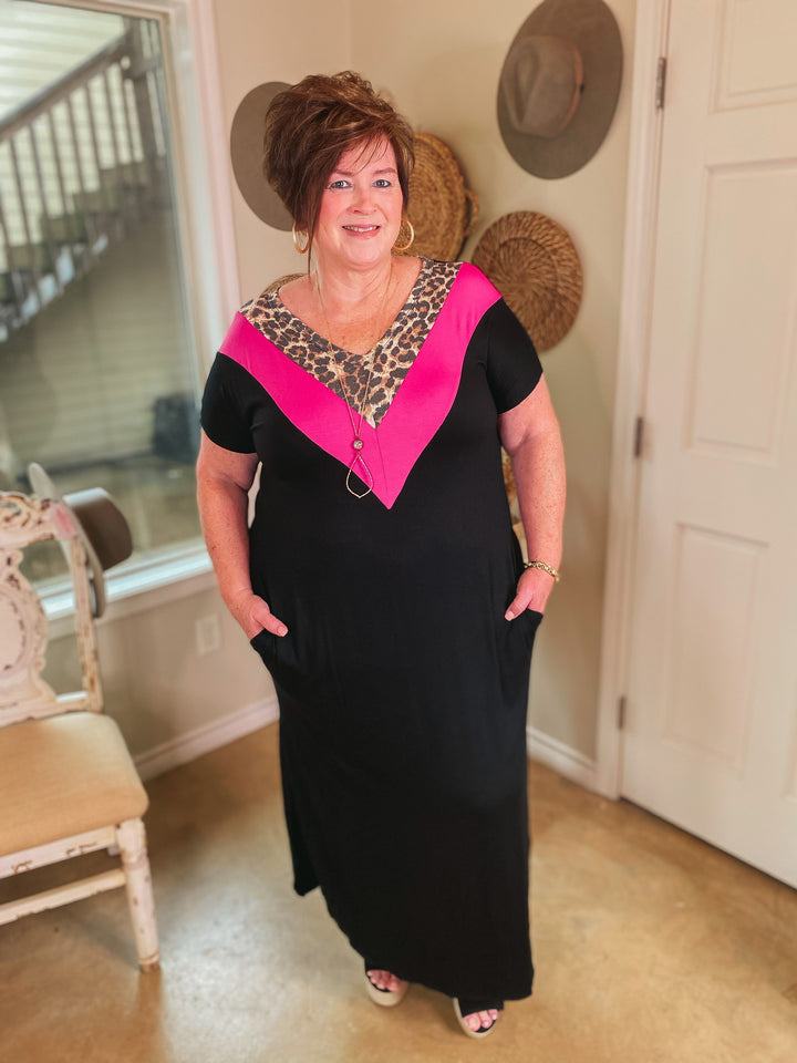 A Wild Time Leopard and Fuchsia V Neck Accent Maxi Dress in Black - Giddy Up Glamour Boutique
