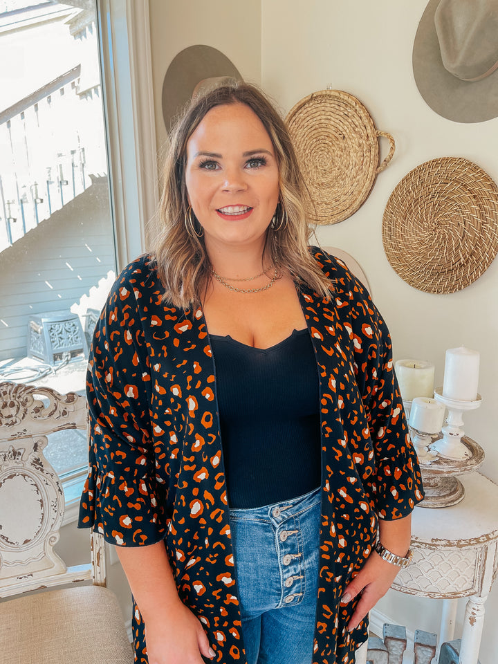 Tell Me About It Sheer Rust Leopard Kimono with Ruffle Sleeves in Black - Giddy Up Glamour Boutique