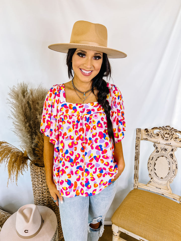 Last Chance Size Small | Quite The Knockout Multi Color Leopard Print Top with Square Neck in White - Giddy Up Glamour Boutique