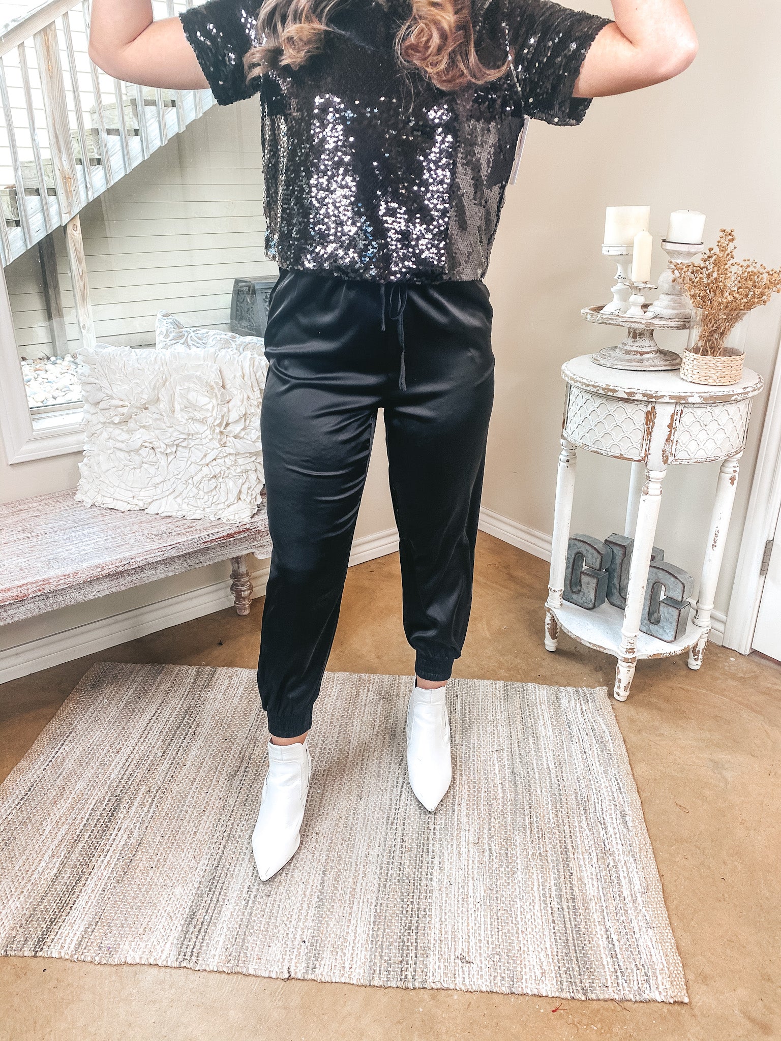 Sassy in Satin  Drawstring Satin Joggers in Black - Giddy Up Glamour Boutique