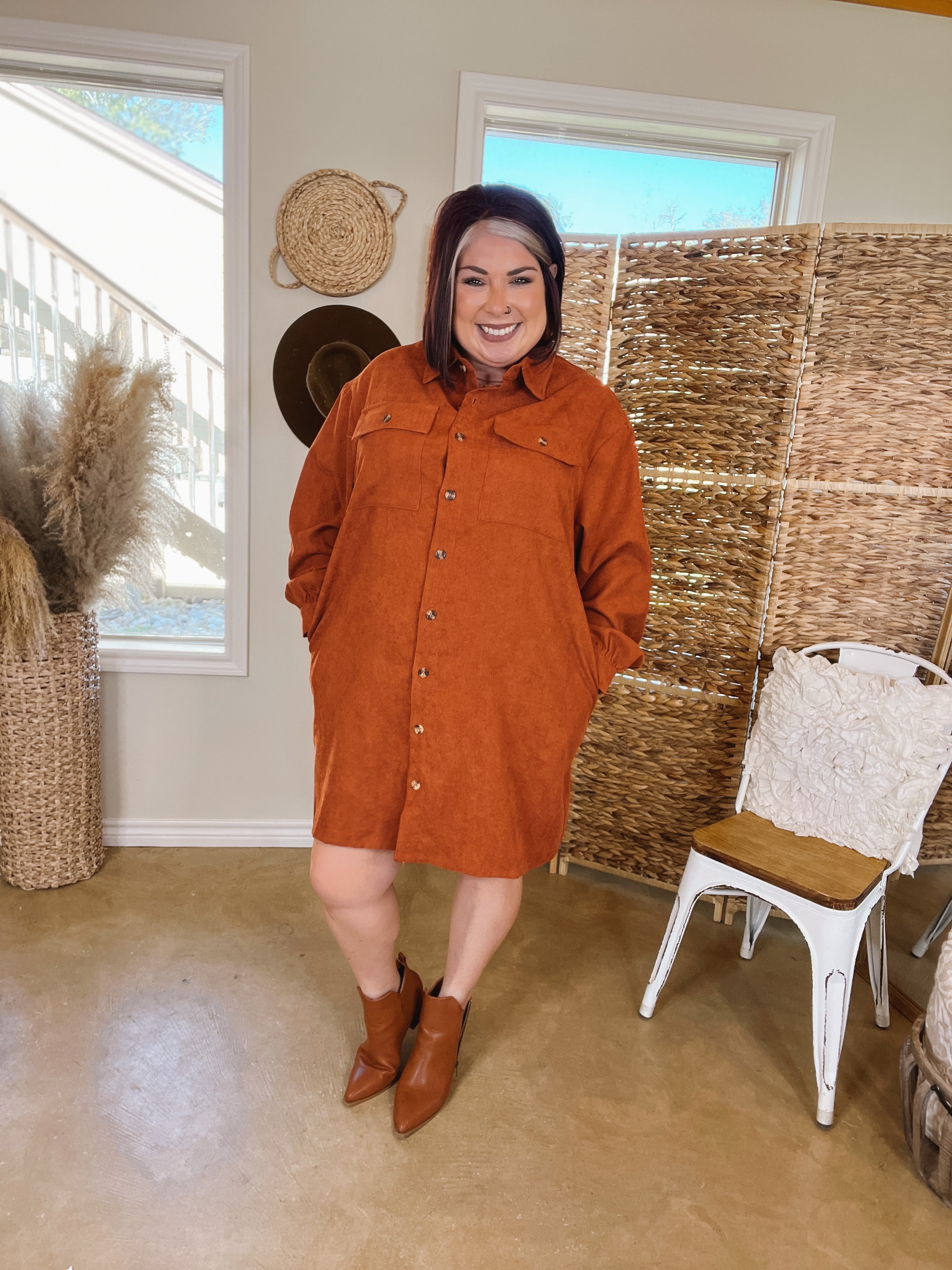 Peanut Brittle Button Up Corduroy Long Sleeve Dress in Rust Orange - Giddy Up Glamour Boutique