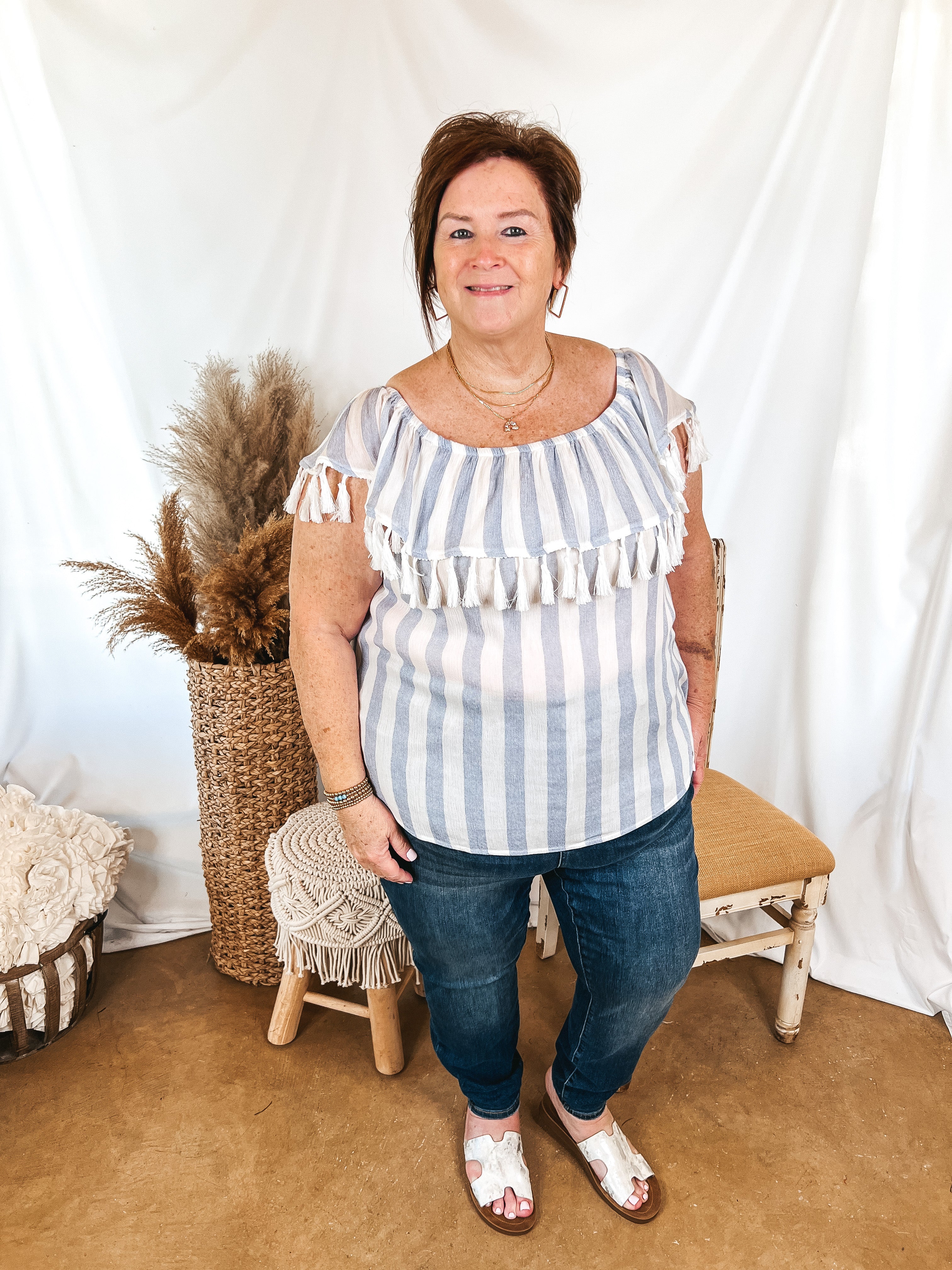 SoCal Sun Striped Off the Shoulder Top with Tassels in Ivory and Blue - Giddy Up Glamour Boutique