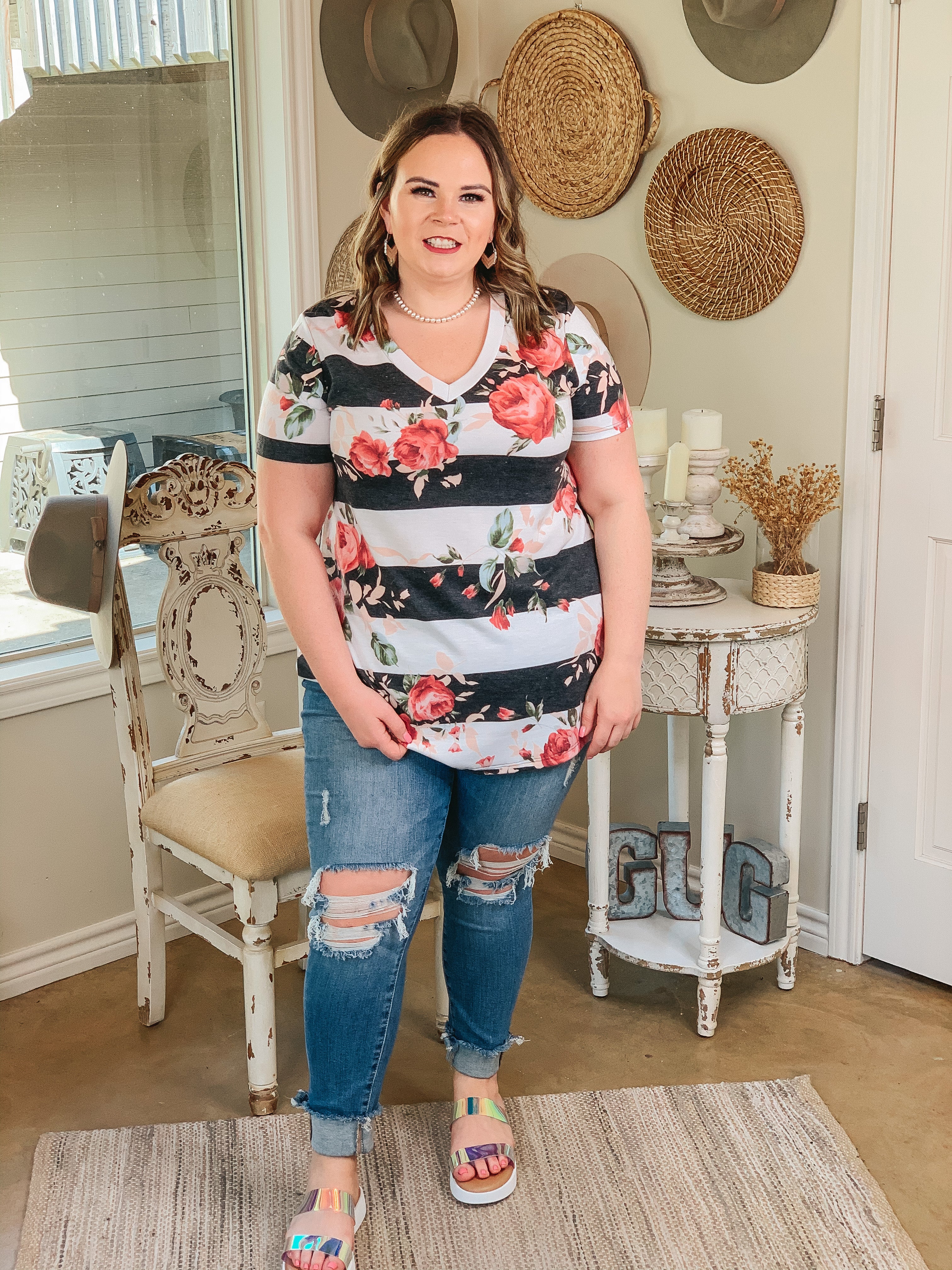 Last Chance Size Small | Keep Things Simple Striped and Floral V Neck Tee Shirt in Grey and Pink - Giddy Up Glamour Boutique