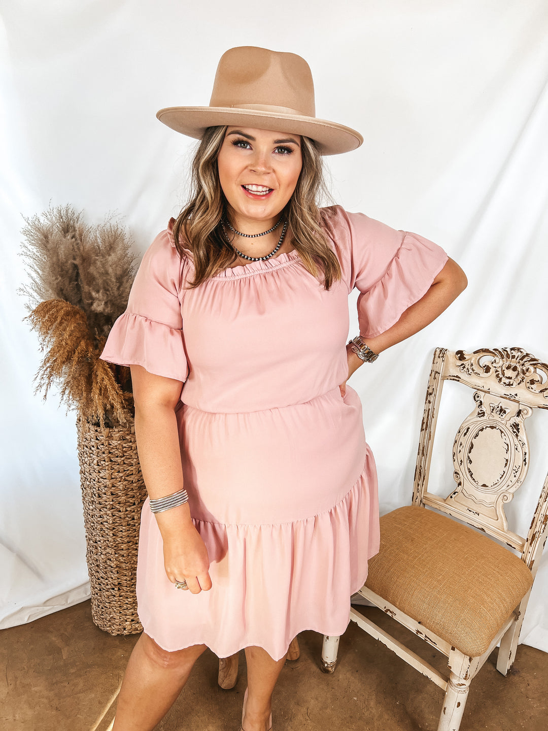 Visions of Romance Off the Shoulder Ruffle Tiered Dress in Dusty Pink - Giddy Up Glamour Boutique