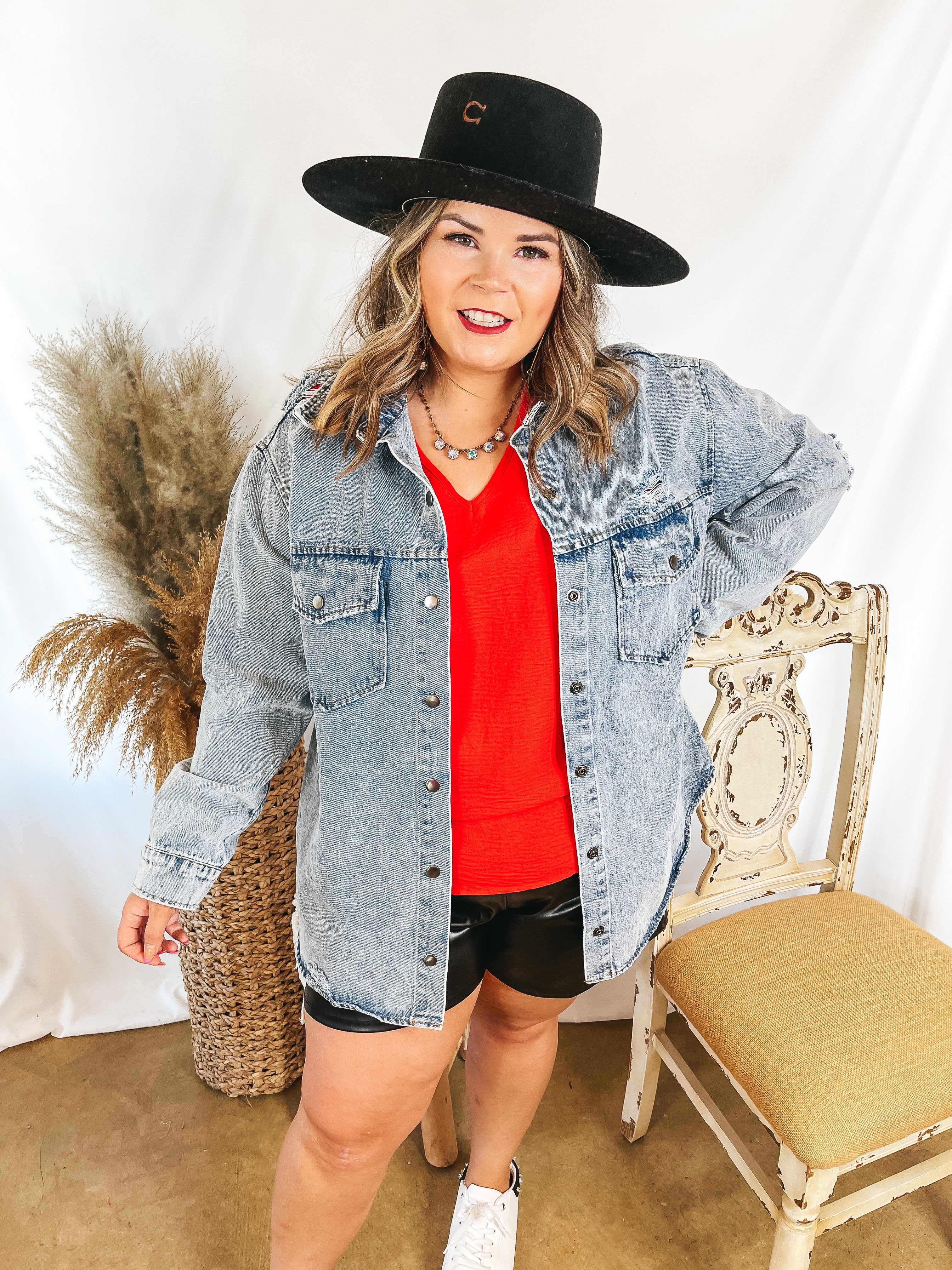 Wish and Wander Distressed Denim Button Up Shacket in Light Wash - Giddy Up Glamour Boutique