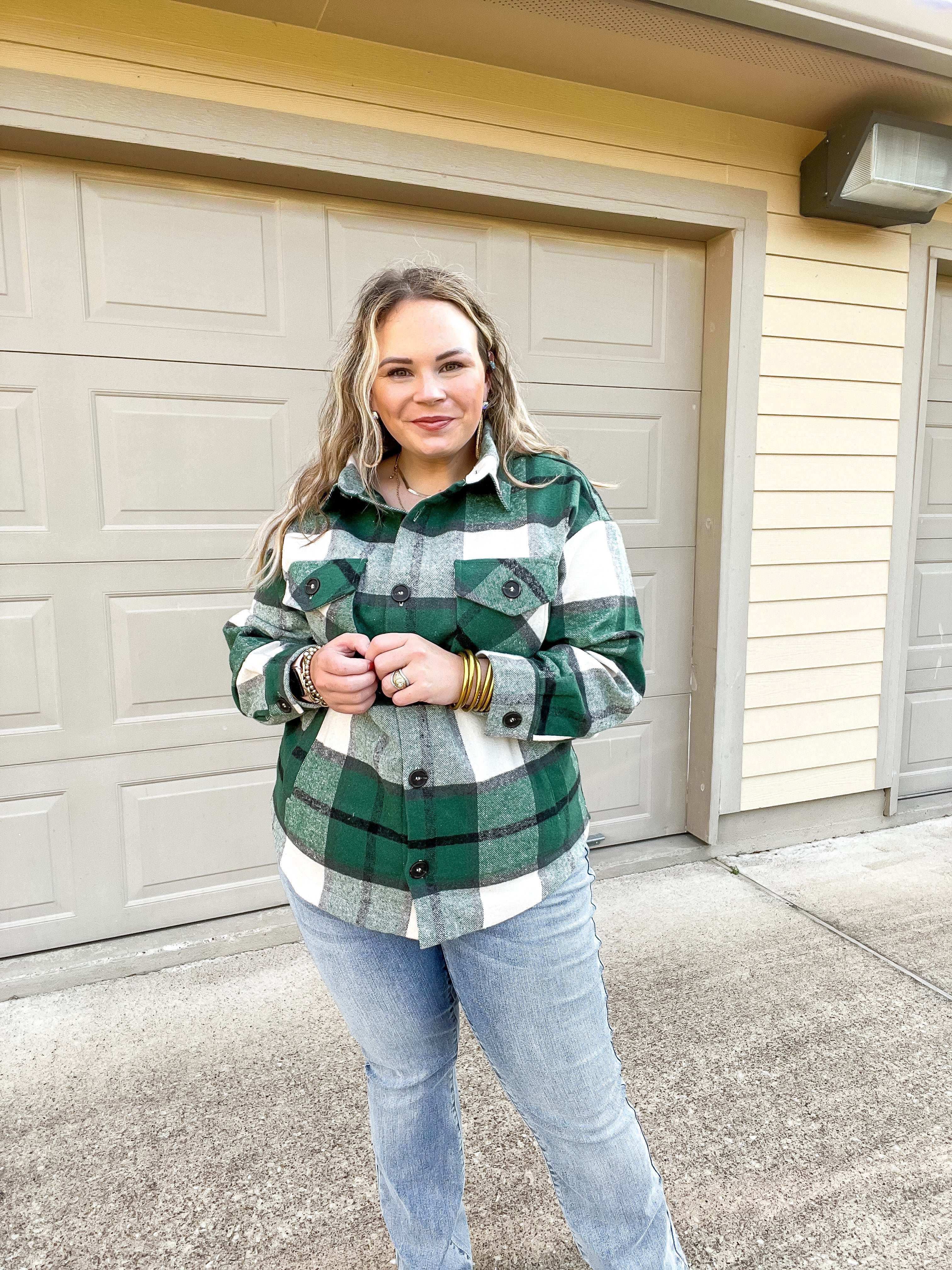 Autumn Air Plaid Button Up Shacket in Hunter Green - Giddy Up Glamour Boutique