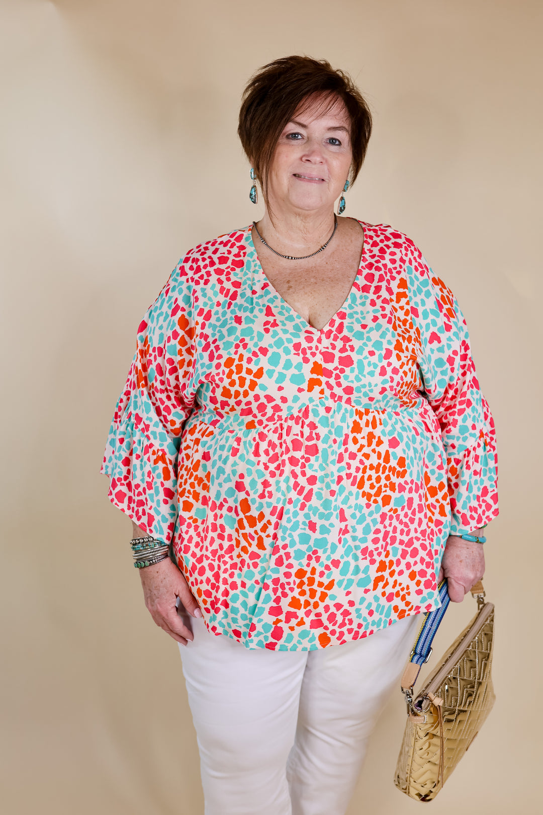 Feeling Ideal Multi Color Dotted Babydoll Top with Ruffle 3/4 Sleeves in Ivory - Giddy Up Glamour Boutique